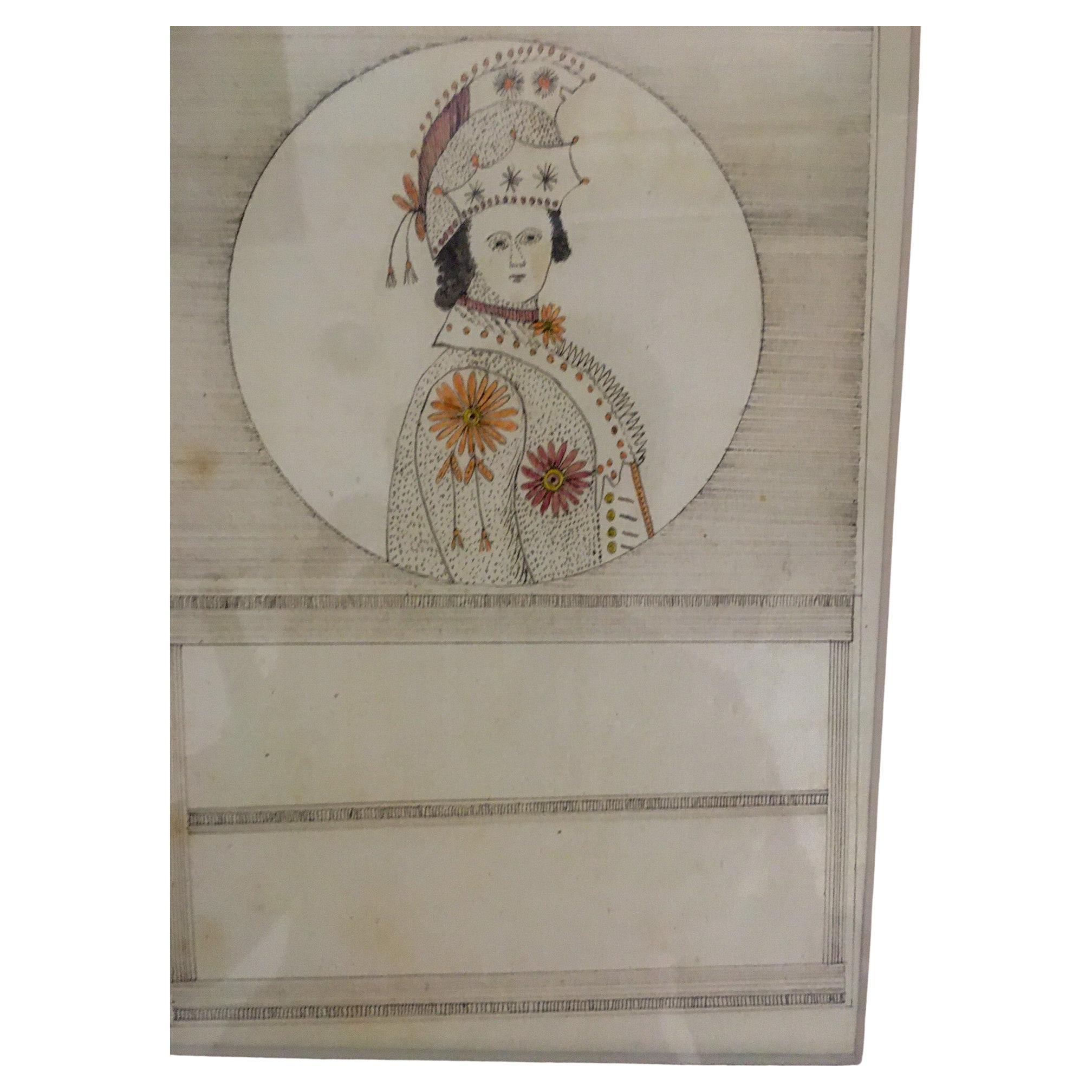 This unusual set of drawings in a double sided frame came out of an old New England Estate in a Beacon Hill, Boston home. From what we have gathered, they are hand-colored drawings of some sort of dignitary drawn on one side and a perspective