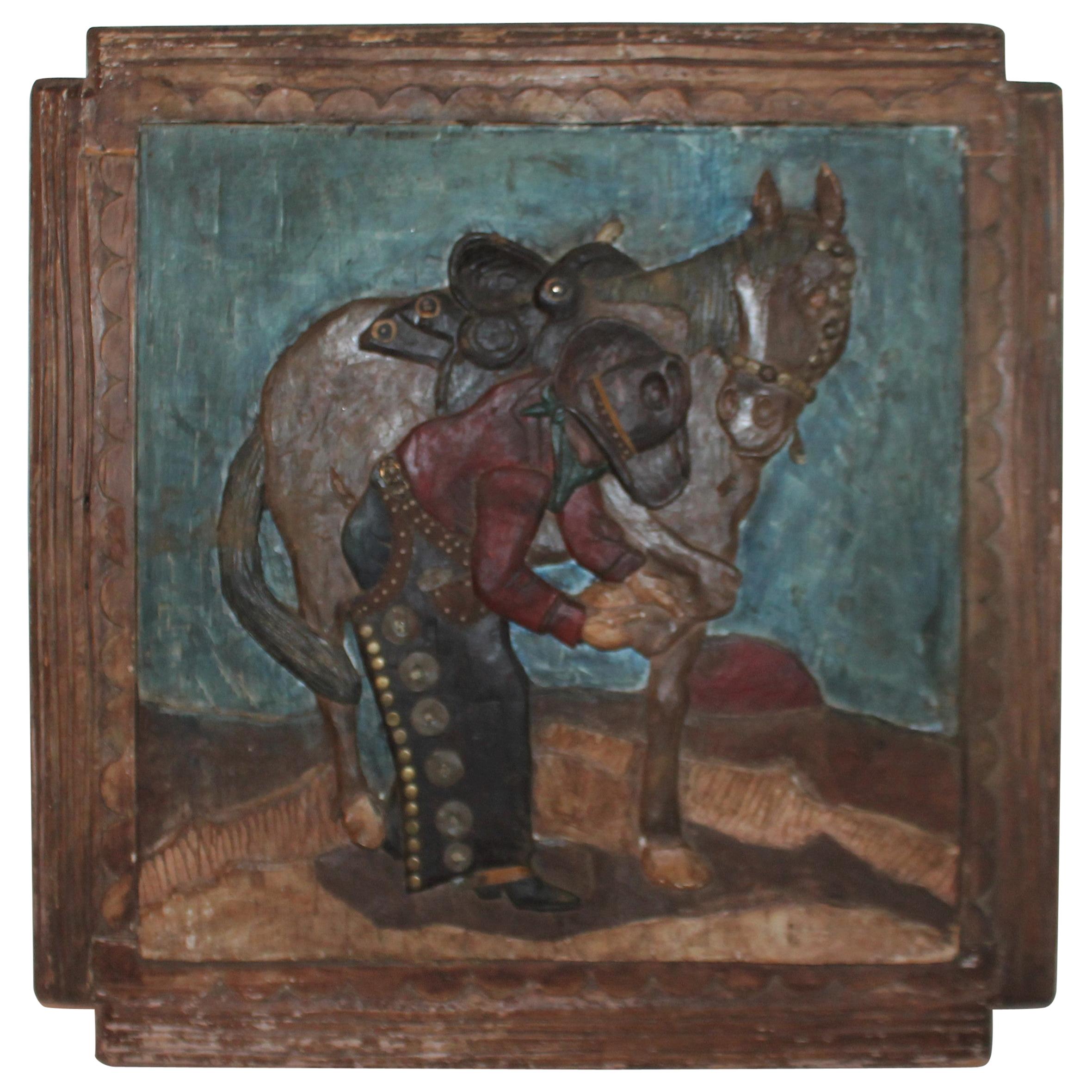 Sculpture d'art populaire ancien représentant un cow-boy avec son cheval en vente
