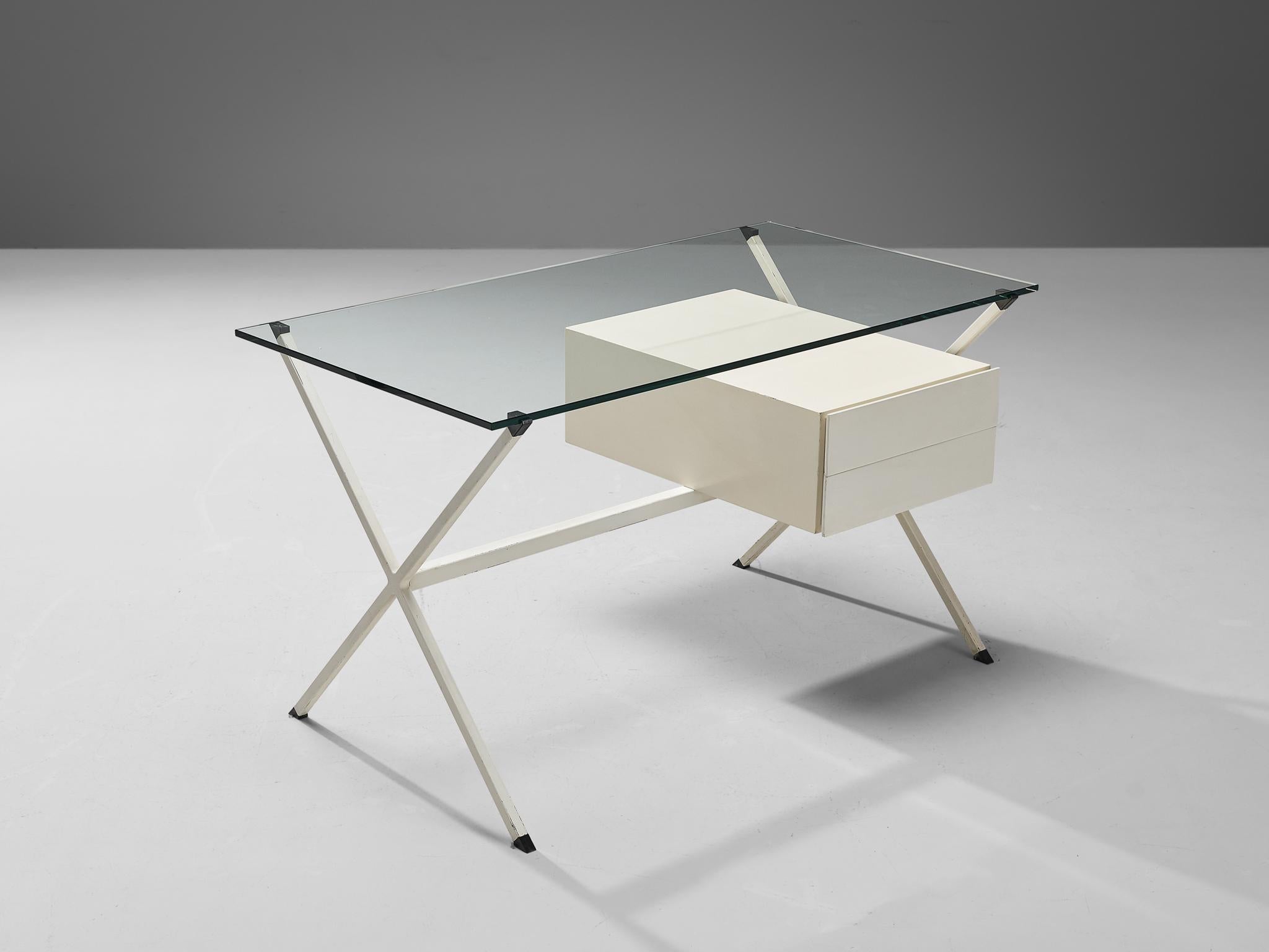Franco Albini für Knoll, Modell 80, Glas, lackiertes Holz, lackierter Stahl, Italien, 1949

Der Schreibtisch Modell 80 von Franco Albini kombiniert Glas, Stahl und Holz, was zu einem minimalistischen Gleichgewicht führt. Der Schreibtisch entspricht
