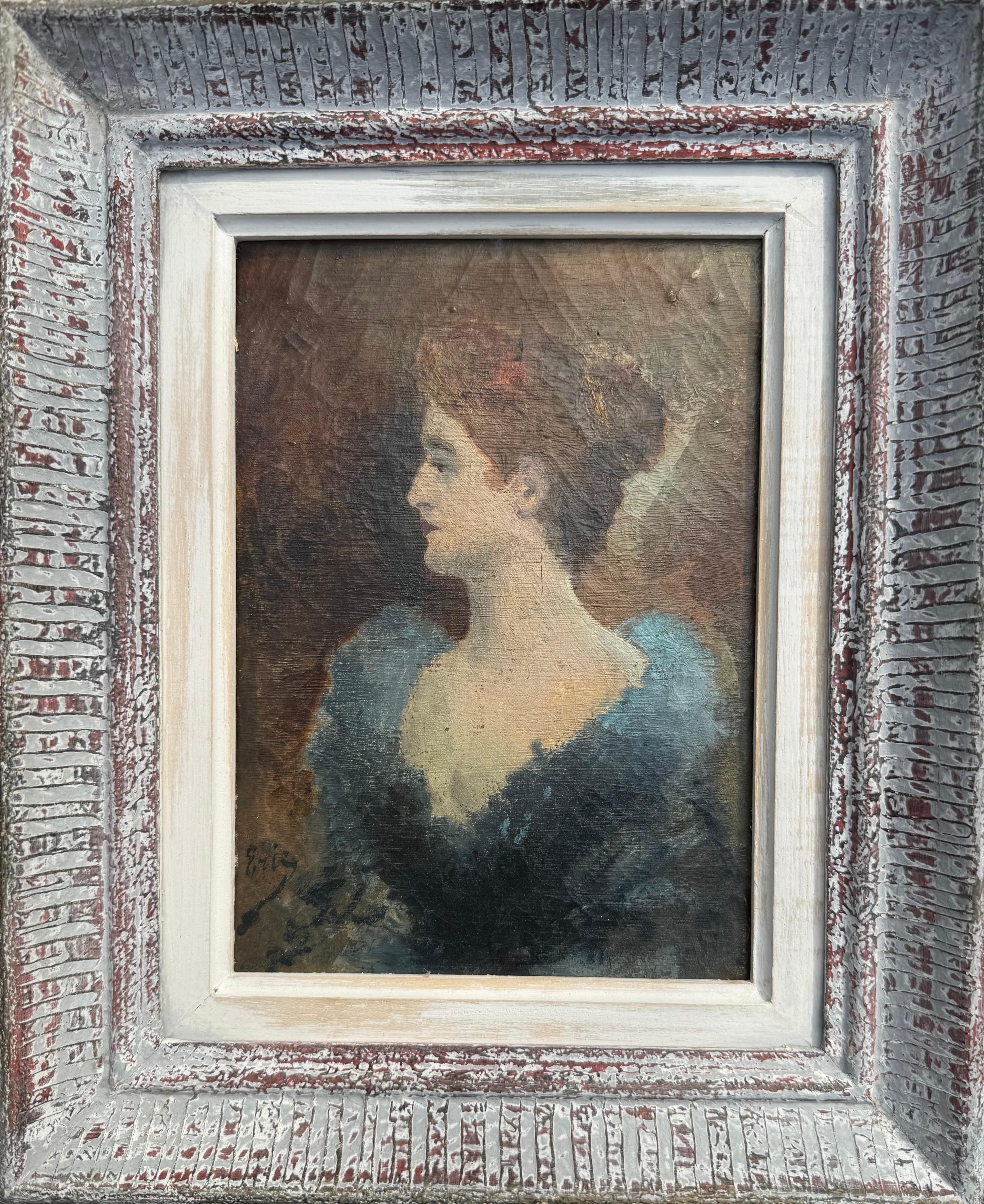 A very special small profile portrait of a lady in a blue dress. Very well executed in the manner of Walter Sickert. Indistinctly signed to the fronr left side with pencil writing on the reverse.