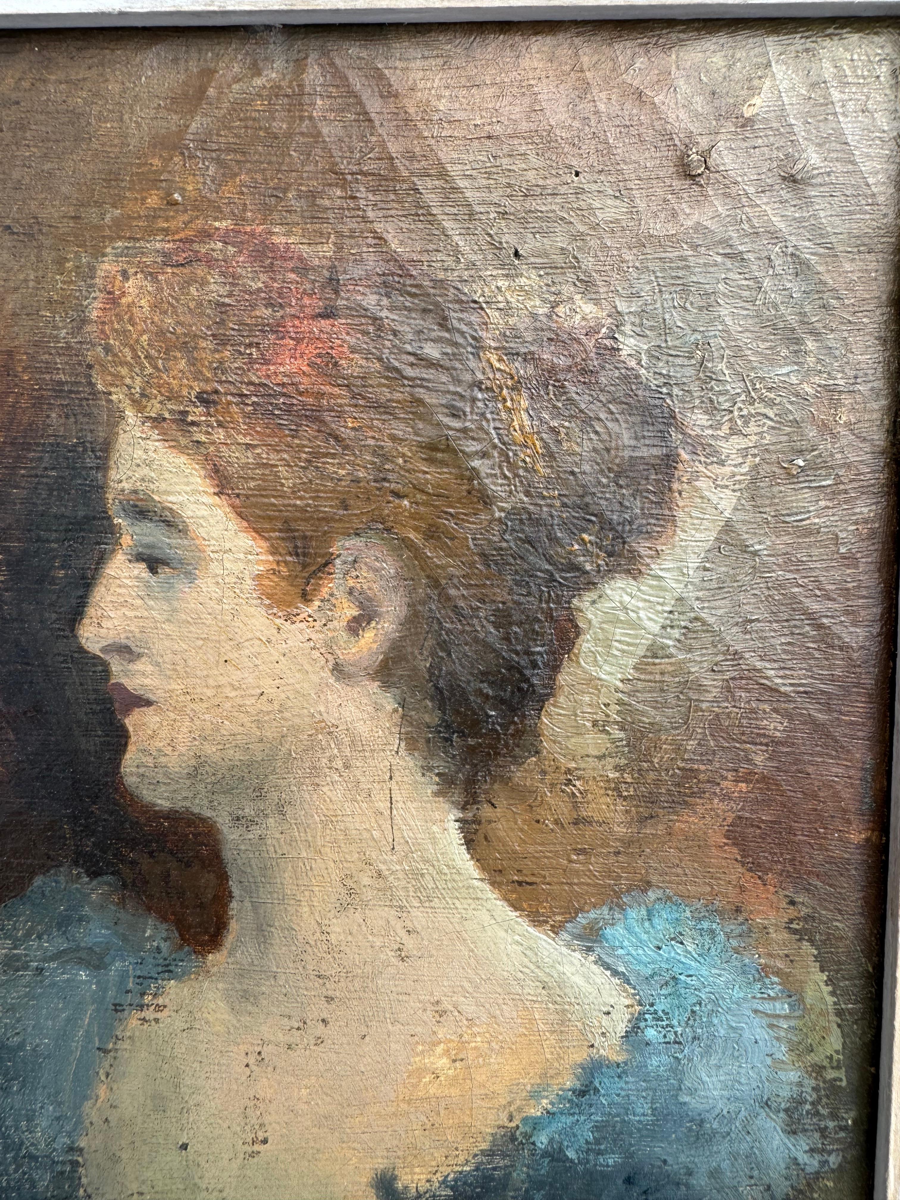Hand-Painted Early French 20th century small portrait of a lady.