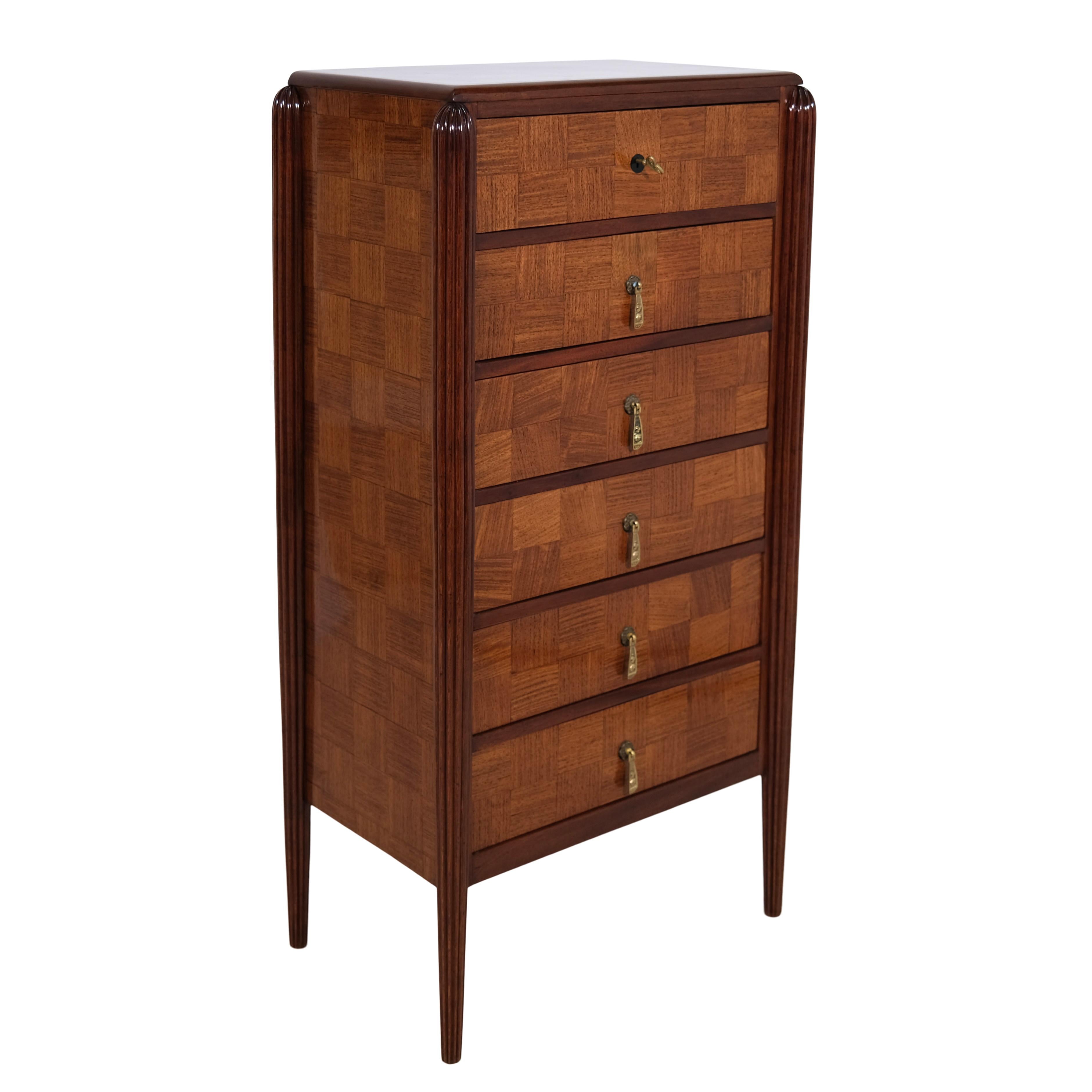 Polished Early French Art Deco High Chest Of Drawers With Six Drawers For Sale