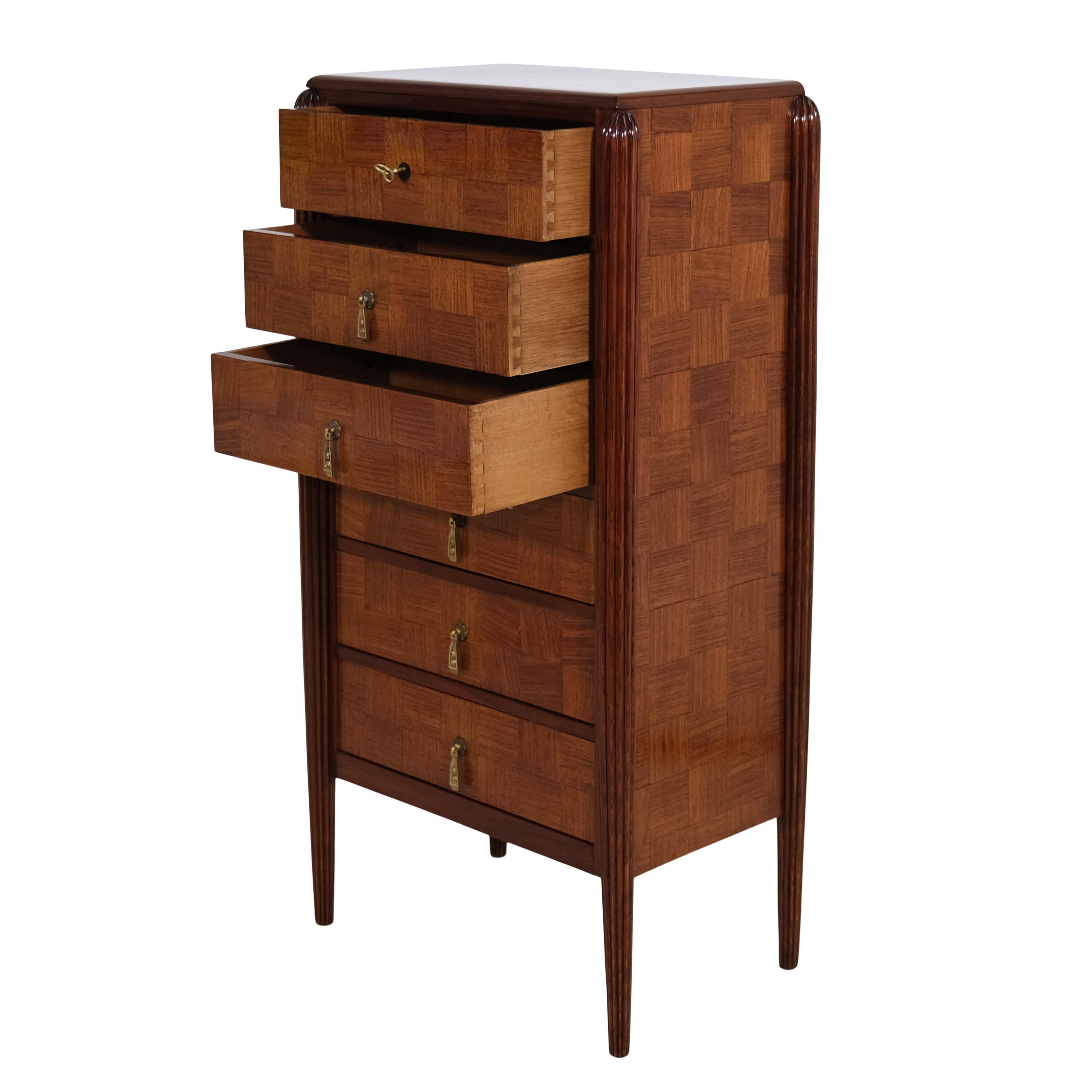 Mahogany Early French Art Deco High Chest Of Drawers With Six Drawers For Sale