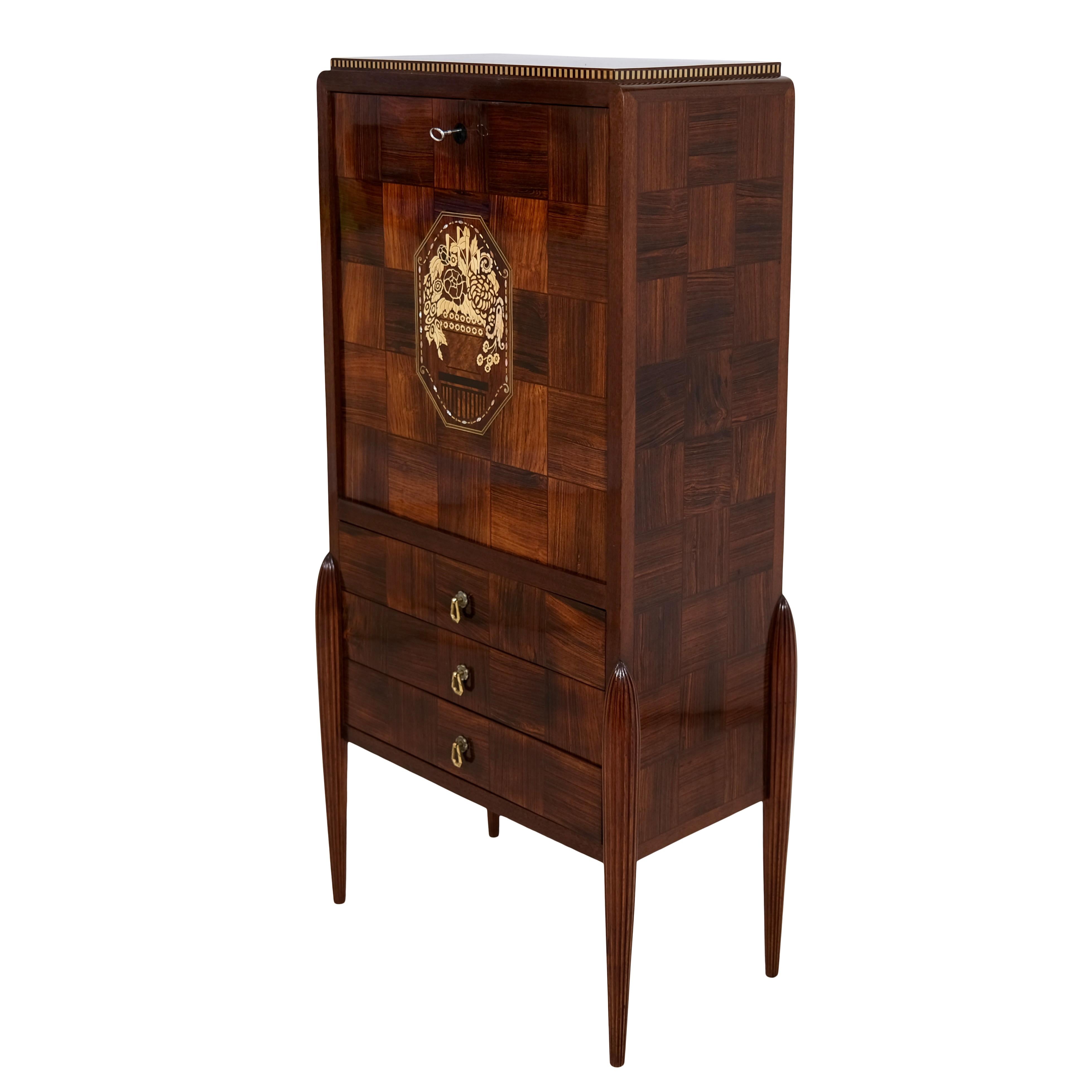 Early French Art Deco Secretaire Desk with Marquetry and Inlays For Sale 5