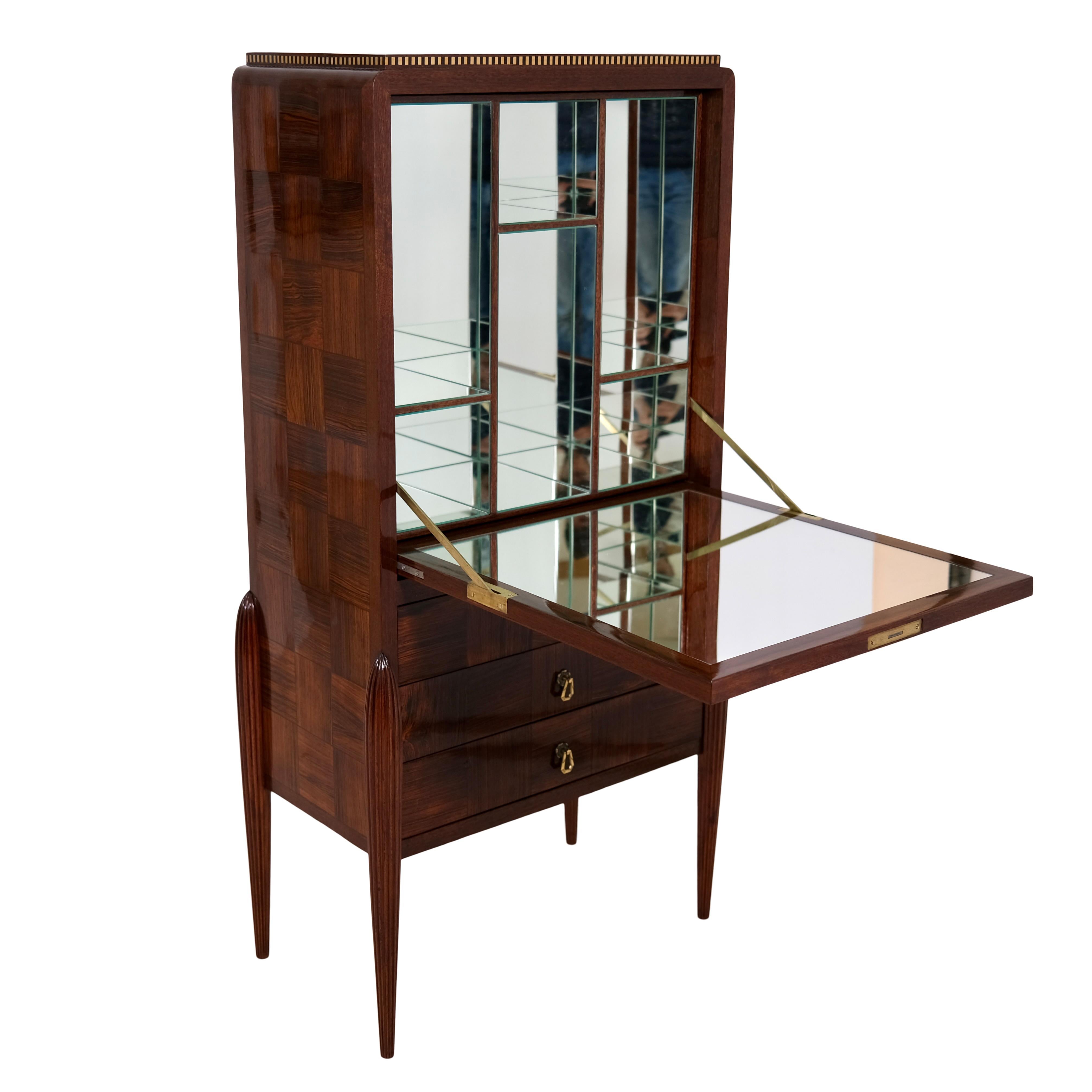 Polished Early French Art Deco Secretaire Desk with Marquetry and Inlays For Sale