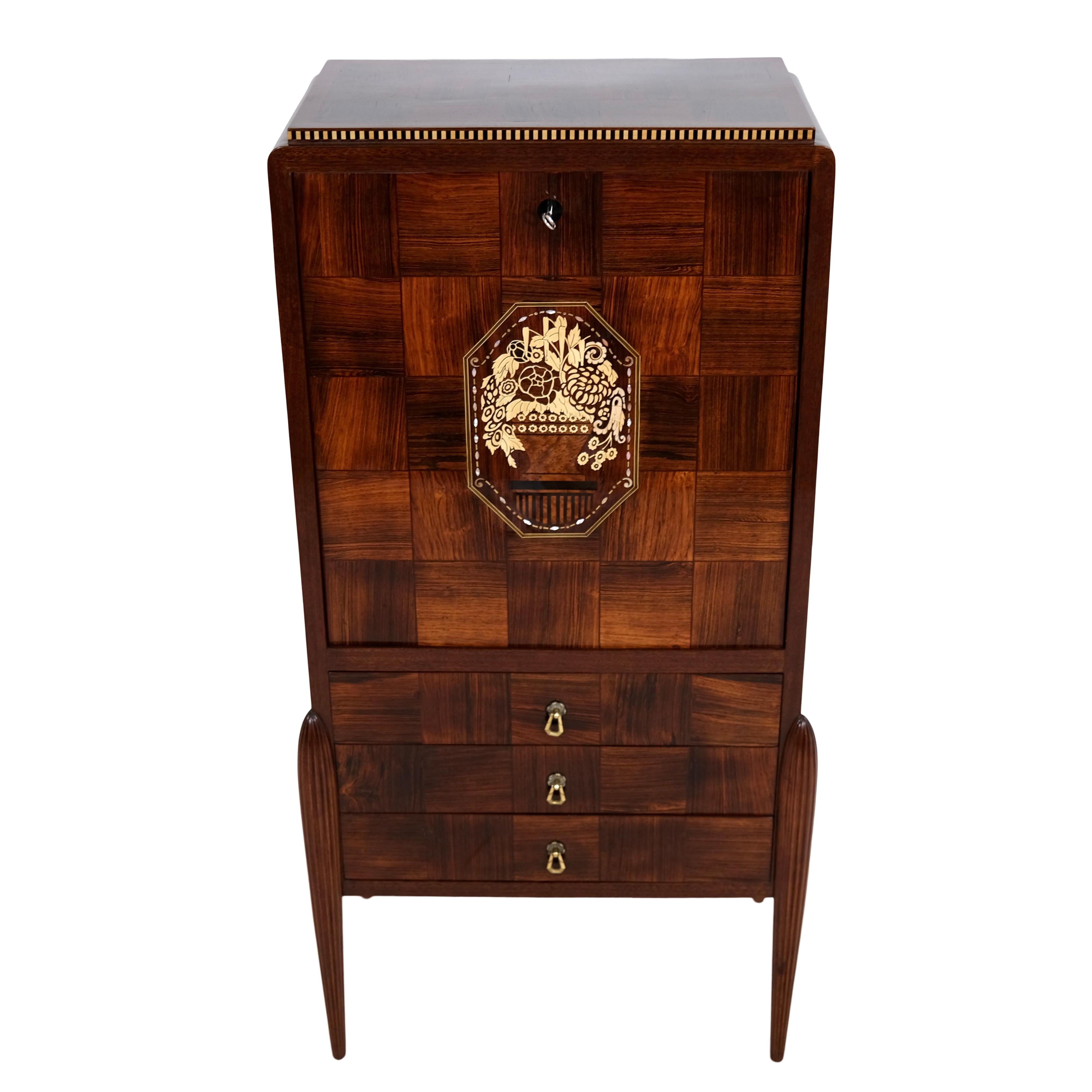 Early 20th Century Early French Art Deco Secretaire Desk with Marquetry and Inlays For Sale