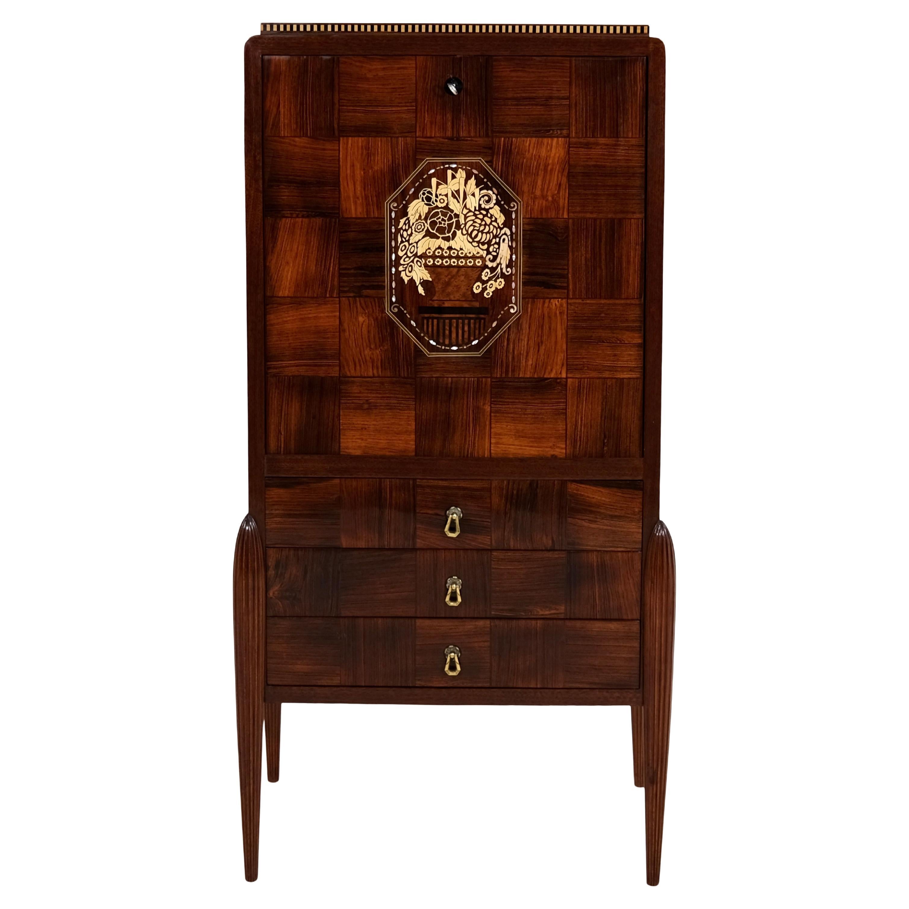 Early French Art Deco Secretaire Desk with Marquetry and Inlays For Sale