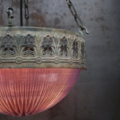 Early French Brass Violet Glass Plafonnier Pendant Lamp by Holophane Paris