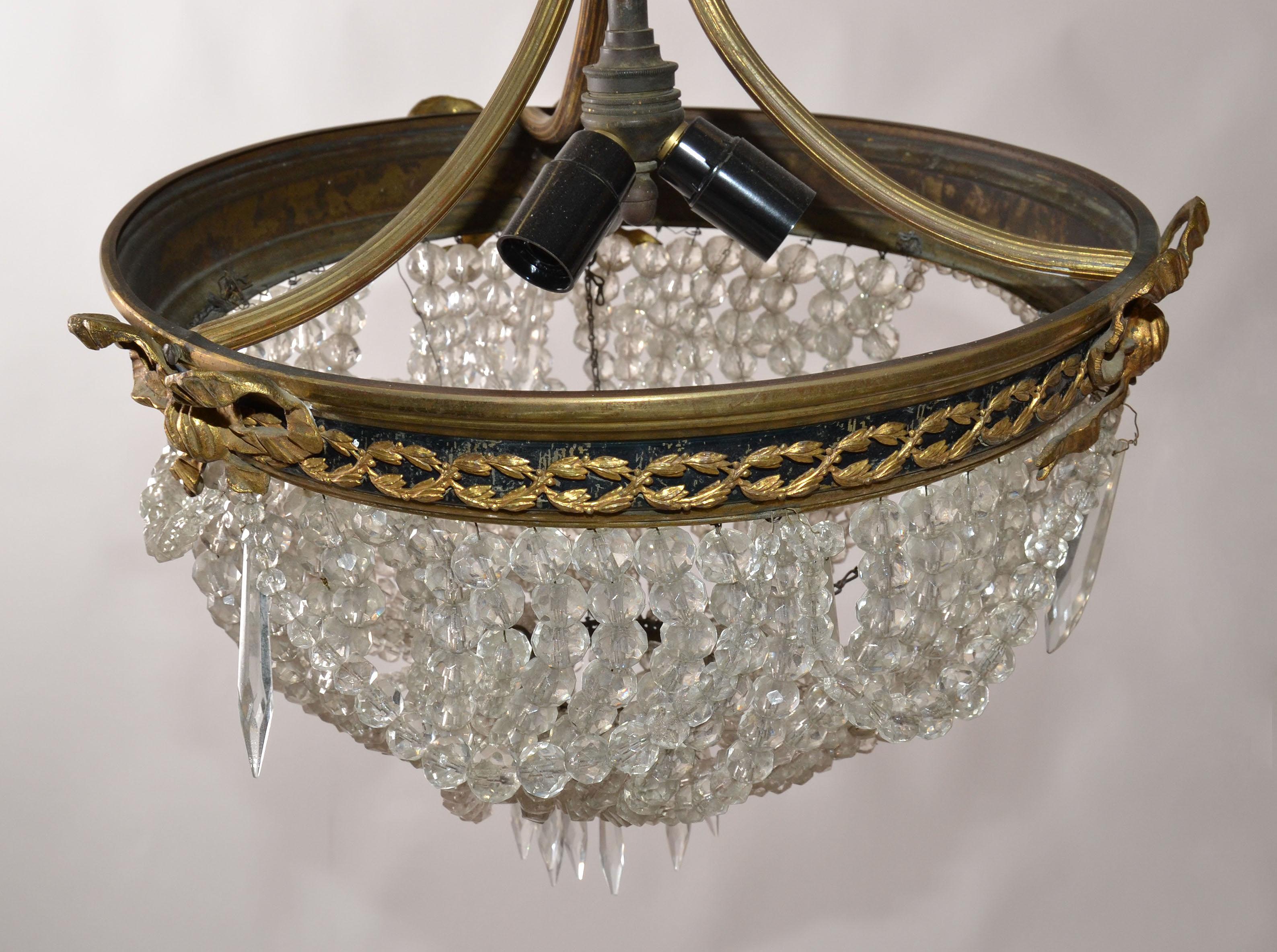 Hand-Crafted Early French Empire Style Bronze & Crystal Chandelier, 3 Lights For Sale