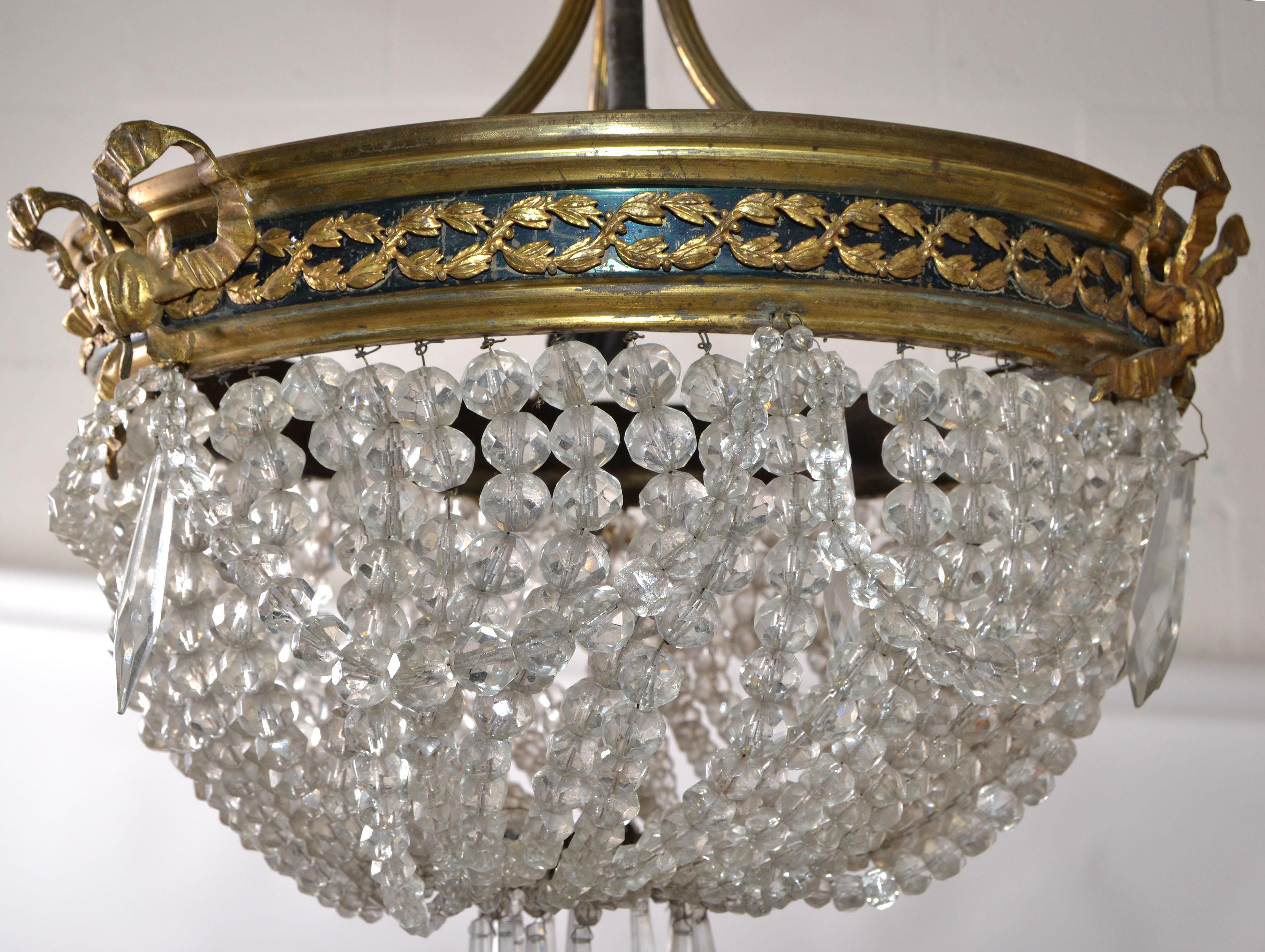 Early French Empire Style Bronze & Crystal Chandelier, 3 Lights In Fair Condition For Sale In Miami, FL