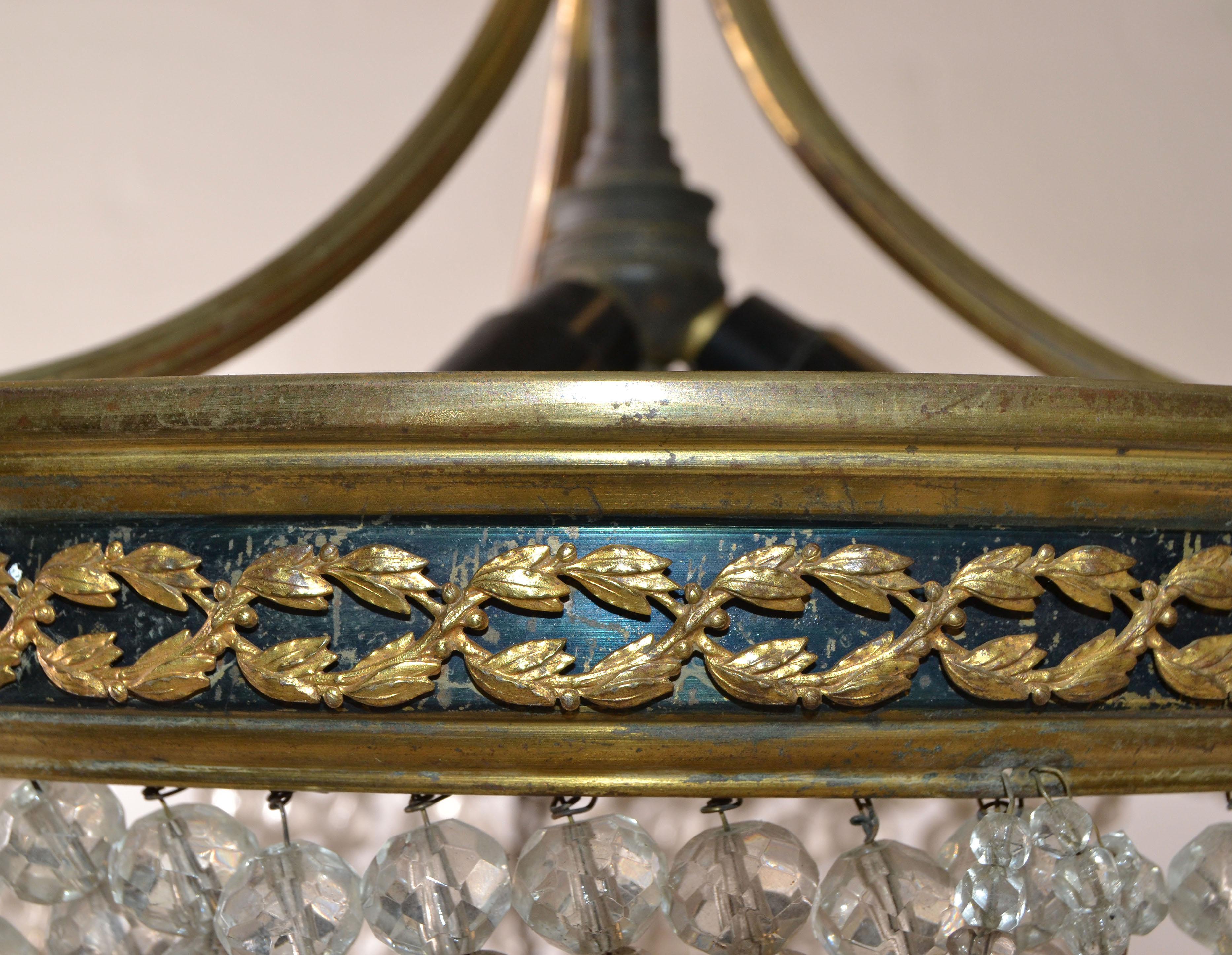 20th Century Early French Empire Style Bronze & Crystal Chandelier, 3 Lights For Sale