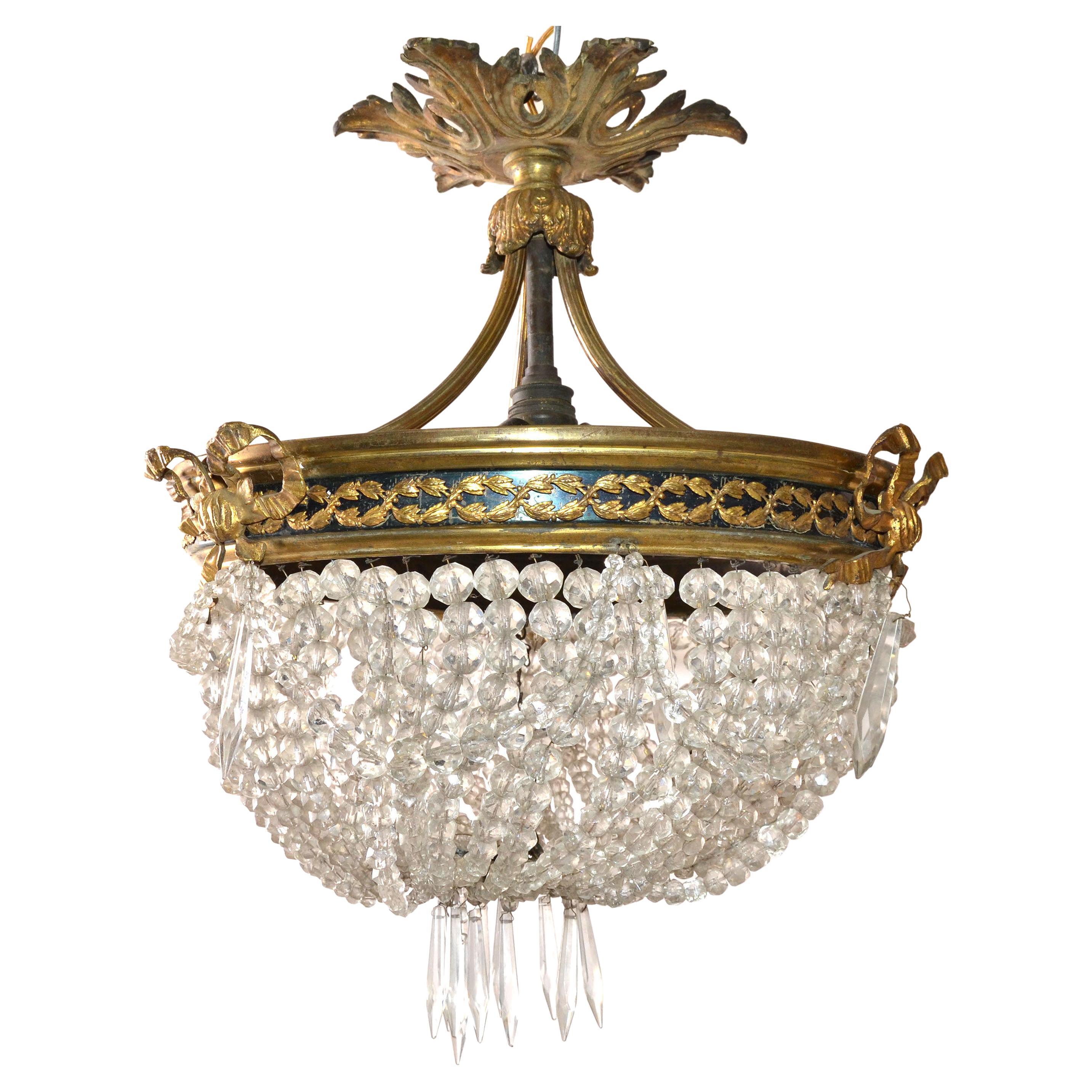 Early French Empire Style Bronze & Crystal Chandelier, 3 Lights