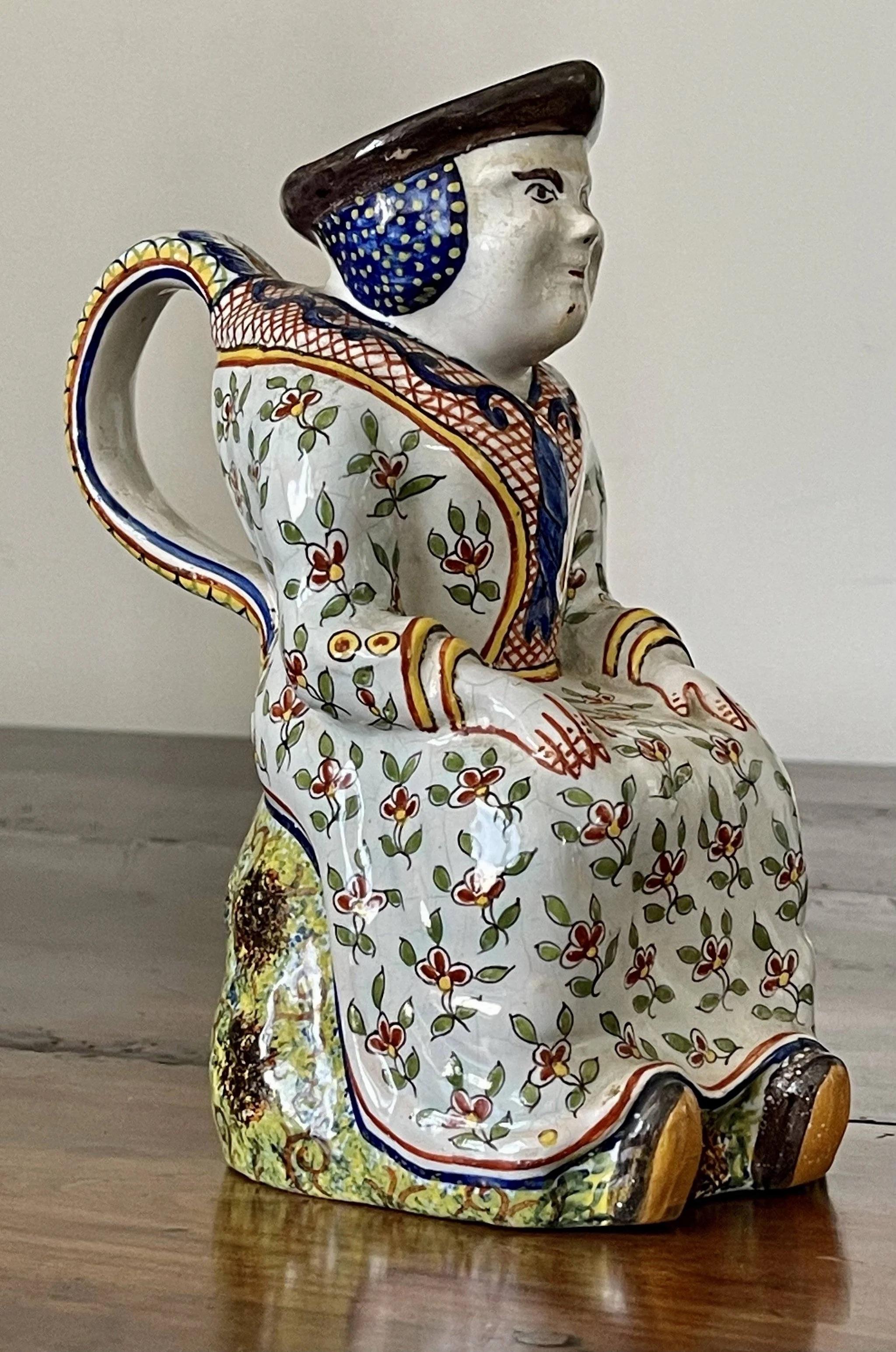 18th Century and Earlier Early French Faience Figural Jug For Sale