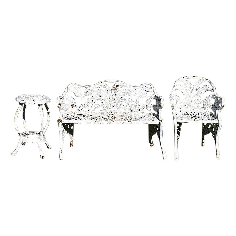 Early French Fern and Blackberry White Iron Garden or Patio Set of Three, 1800s