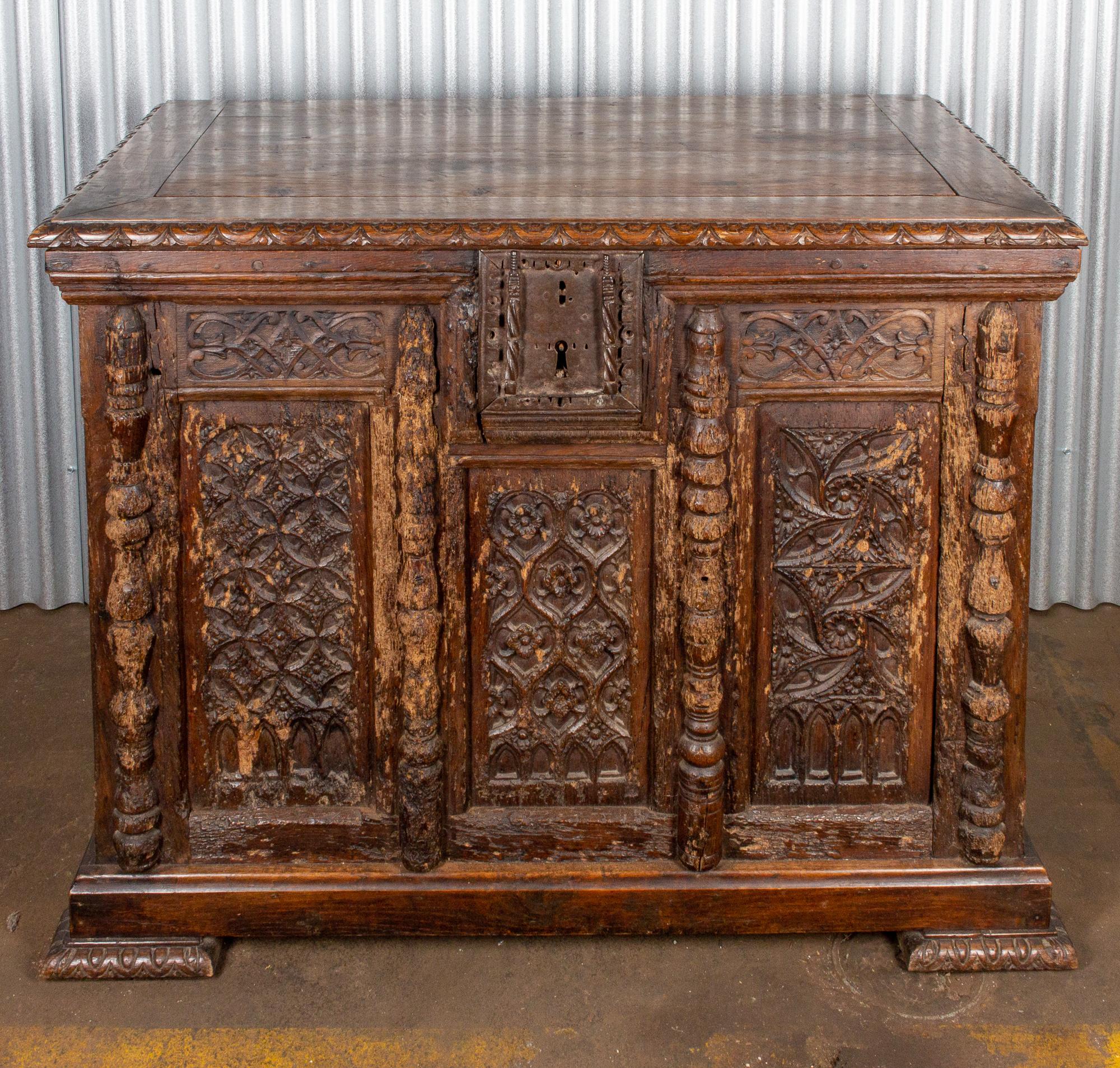 Carved Early French Gothic Wood Trunk