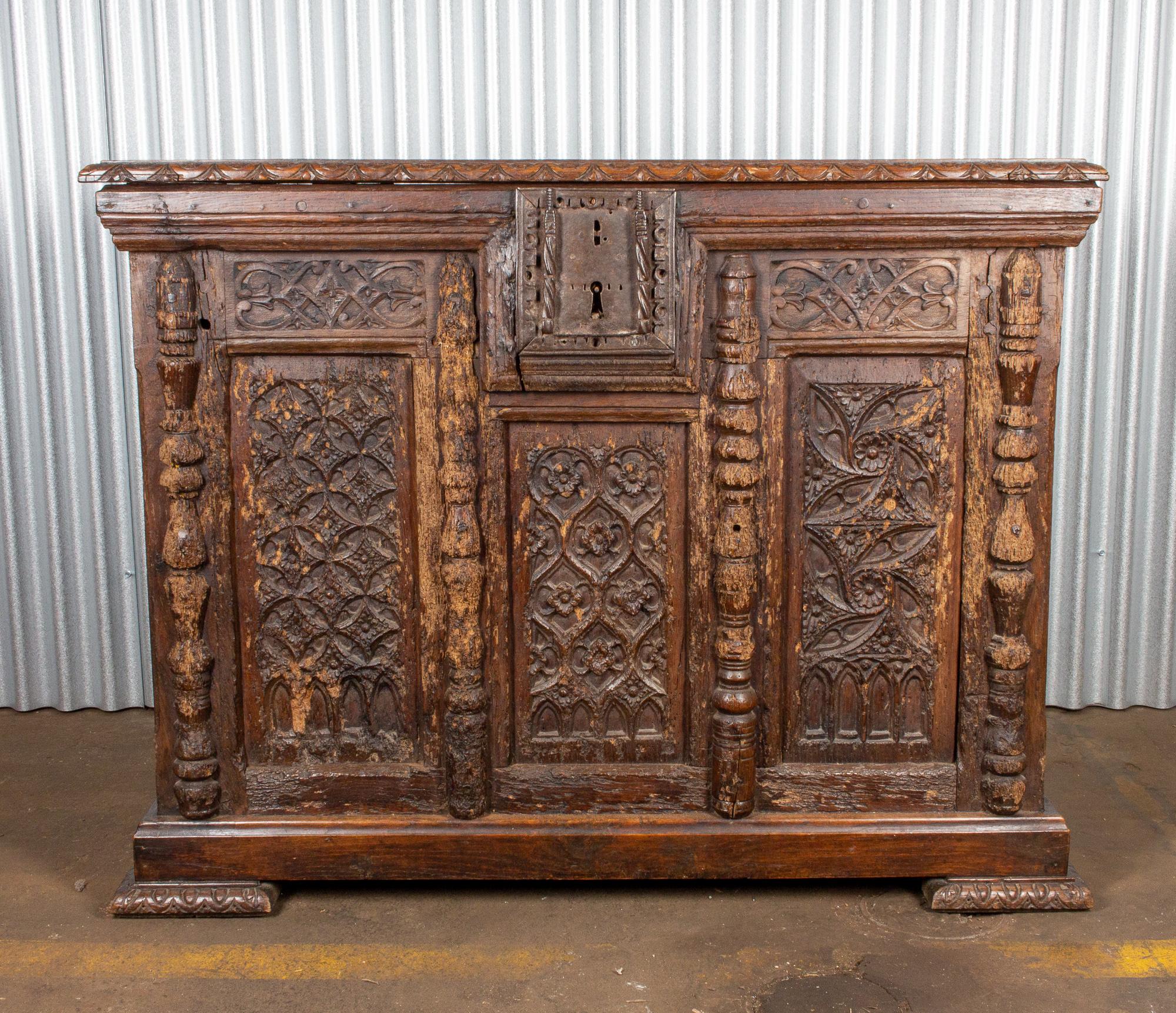Early French Gothic Wood Trunk In Fair Condition In Houston, TX