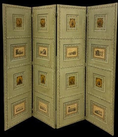 Early French Green Painted Folding Screen / Wall Art / Decouoage & Wall Paper