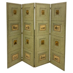 Early French Green Painted Folding Screen / Wall Art / Decouoage & Wall Paper 