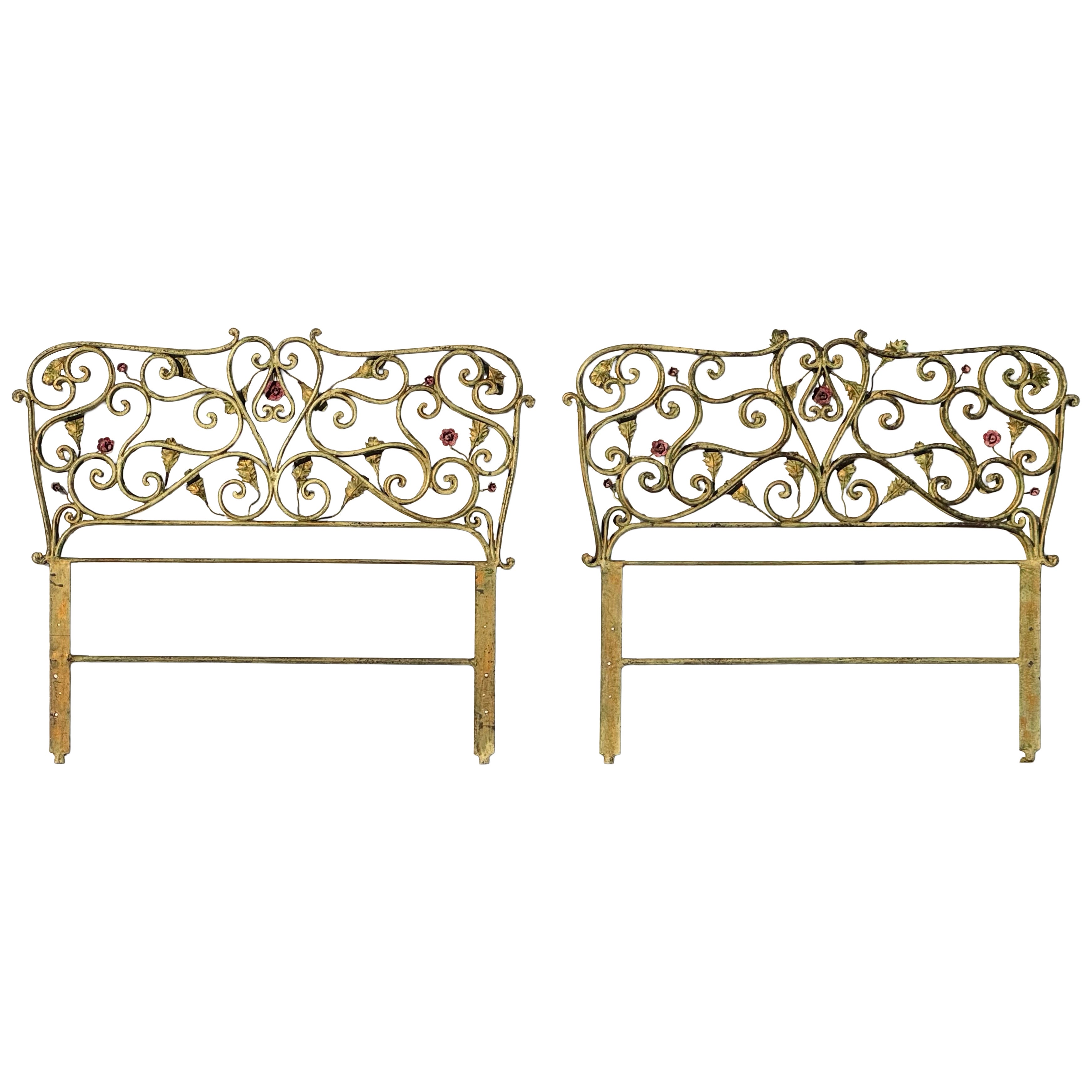 Early French Iron Floral Heart Scroll Twin Headboards in vendita