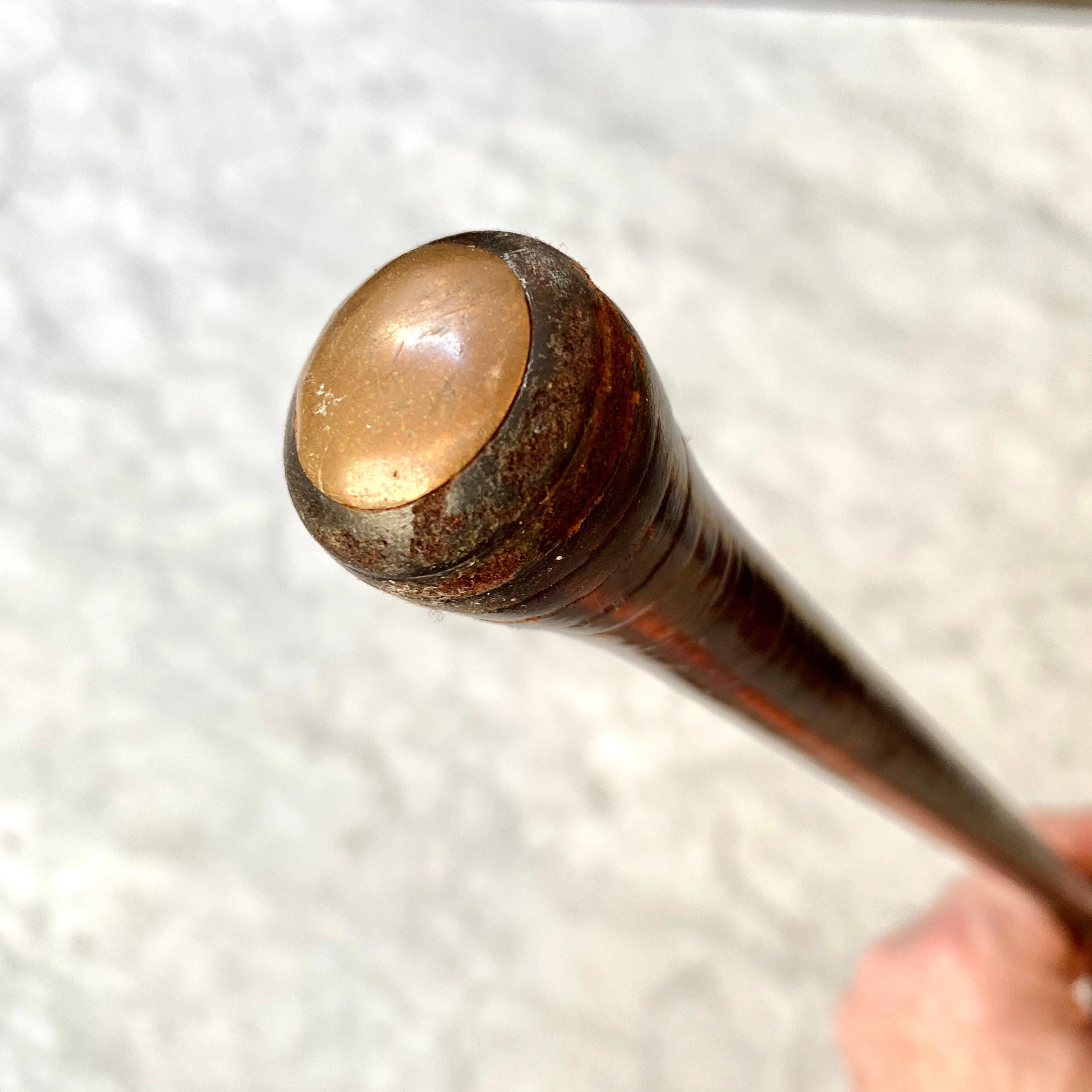 20th Century Early French Leather Strong Coated Brass Top Cane Or Walking Stick