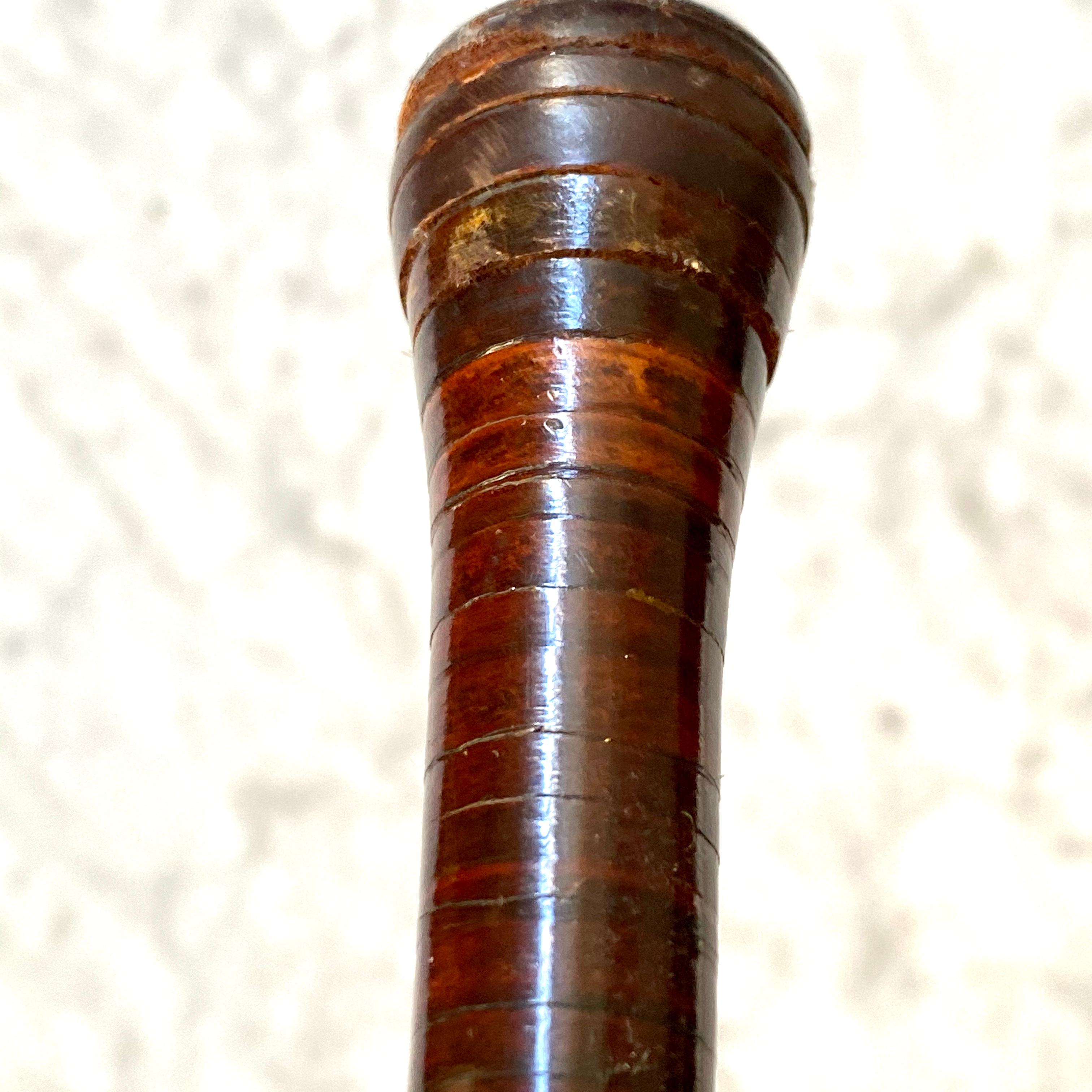 Metal Early French Leather Strong Coated Brass Top Cane Or Walking Stick