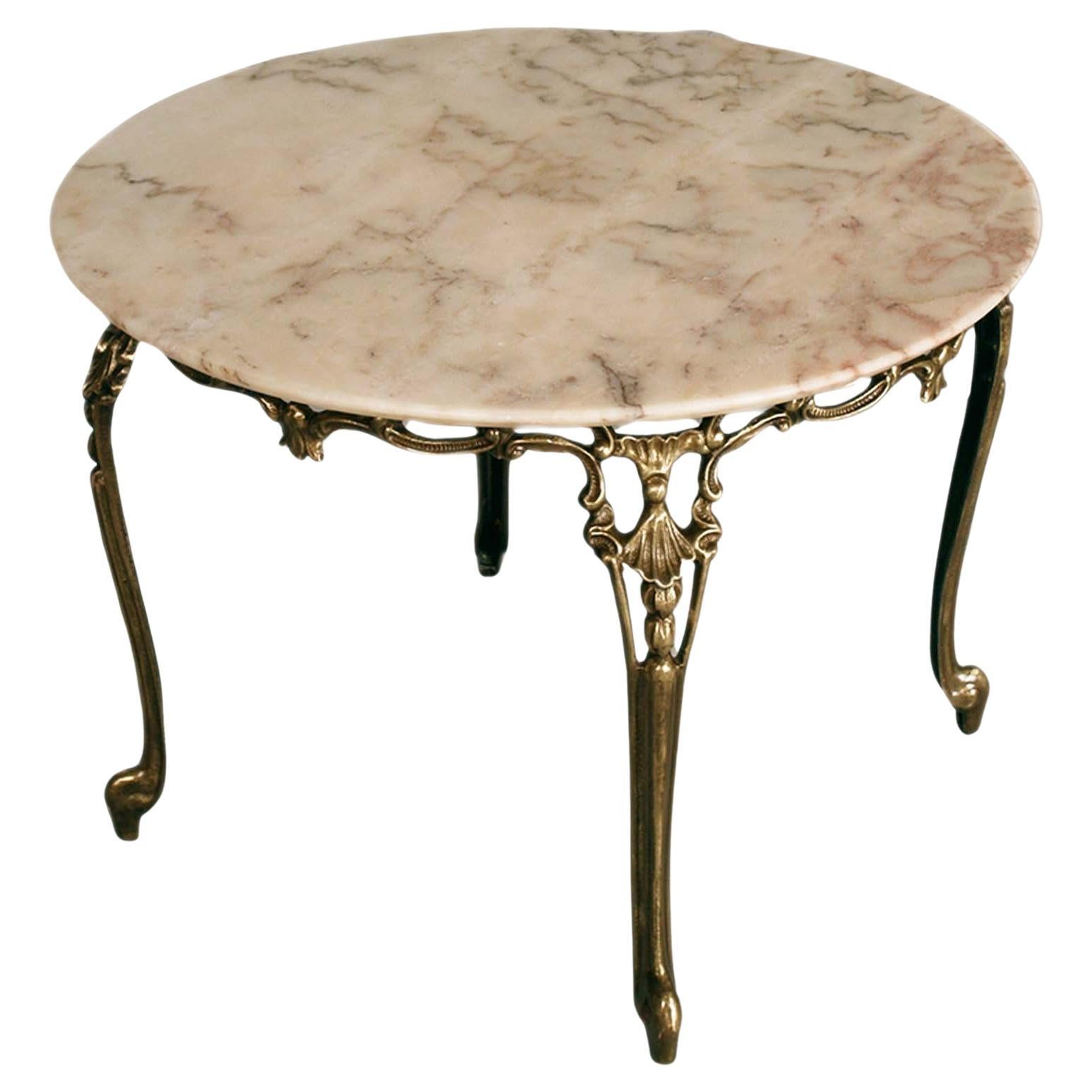 Fine antique French Early Louis XV Belle Epoque Cocktail Bronze Table , Central Coffee Table, with  Marble Top Rose Portugal. 
The finely carved bronze stand features characteristical refined curves and floral and arabesque inspired designs of the