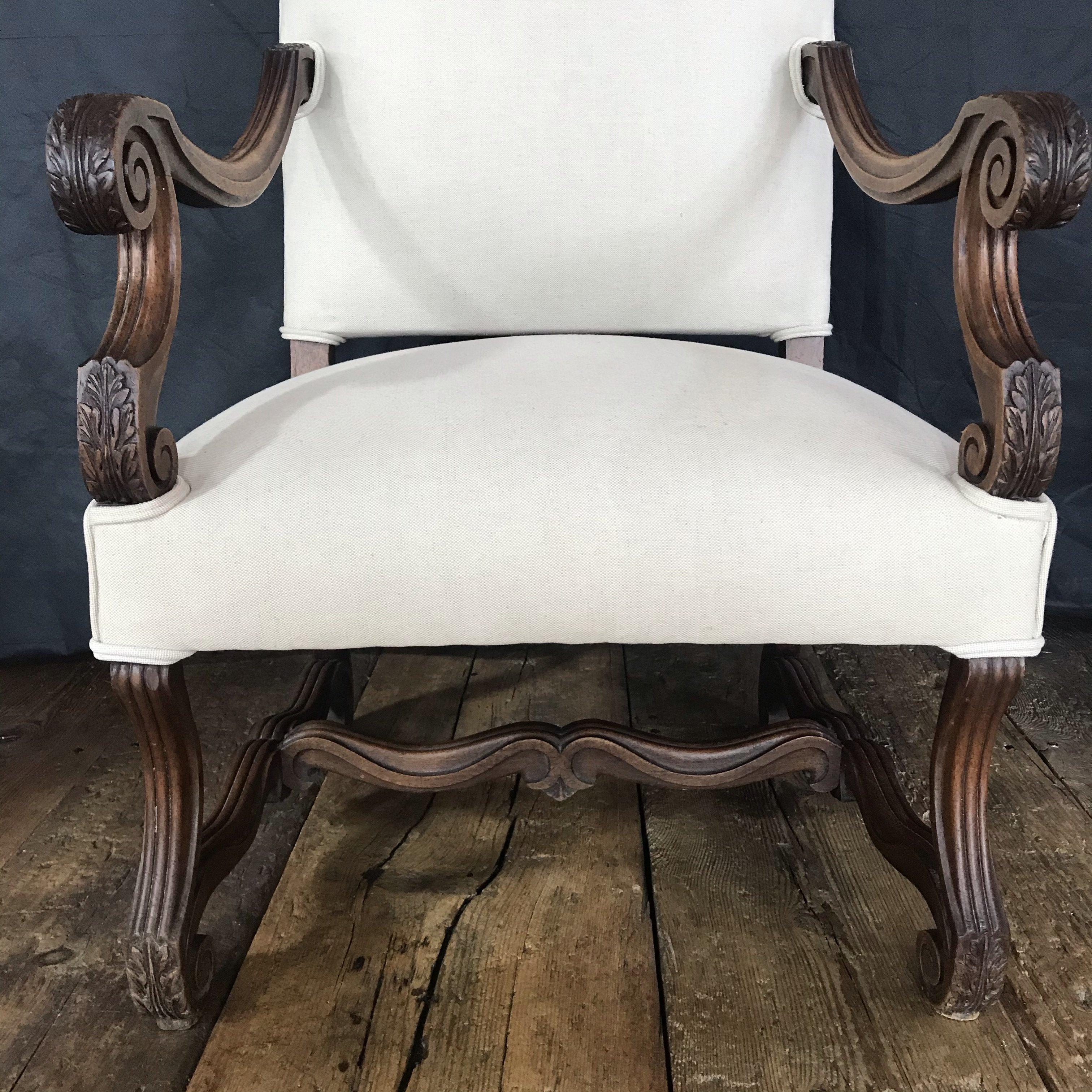 19th Century Early French Louis XV French Carved Armchair with New Upholstery For Sale
