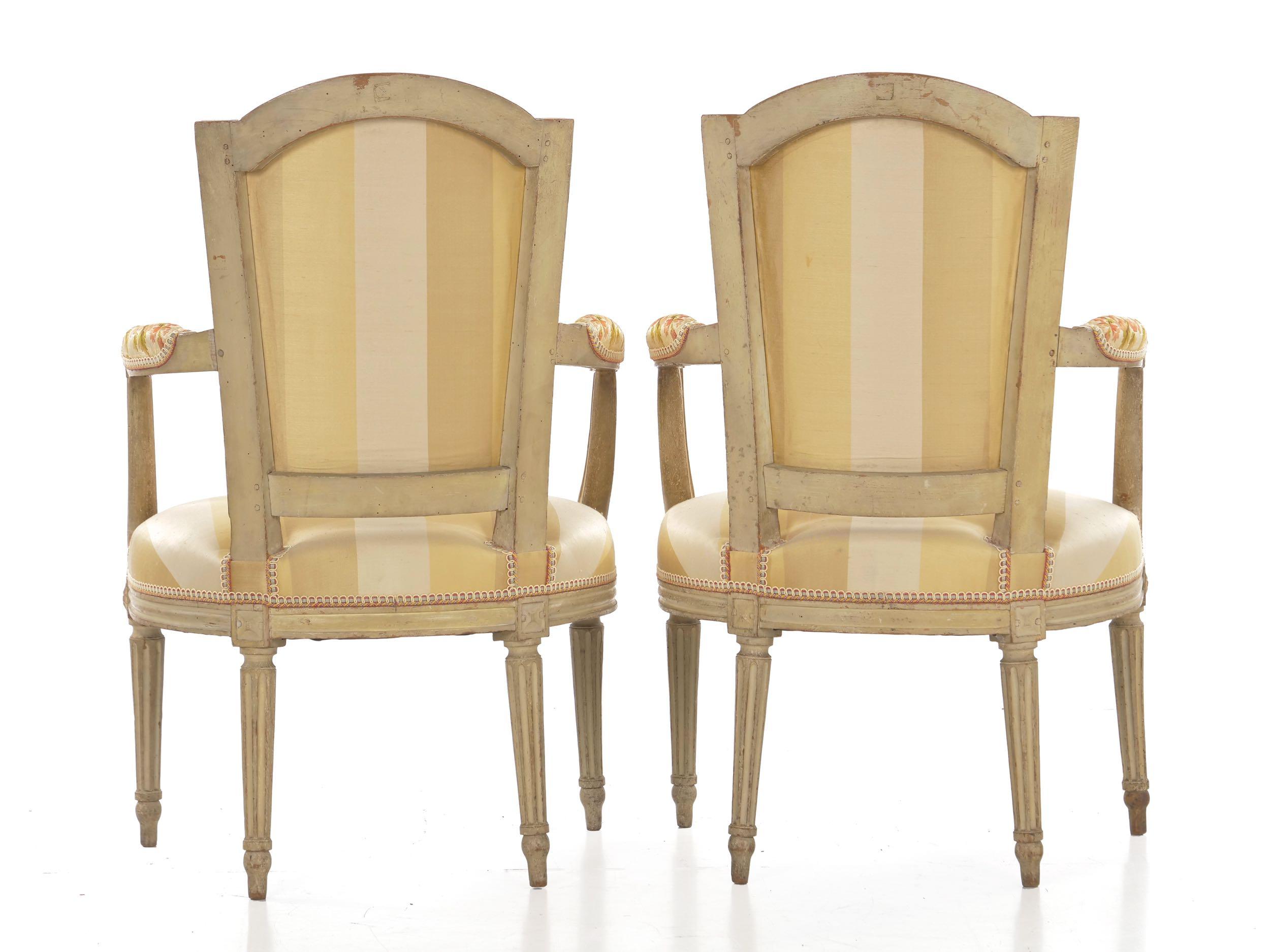 19th Century Early French Louis XVI Painted Antique Armchairs, a Pair
