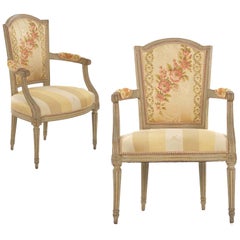 Early French Louis XVI Painted Antique Armchairs, a Pair
