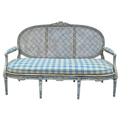 Early French Louis XVI Style Caned And Painted Settee In Blue & White Silk 