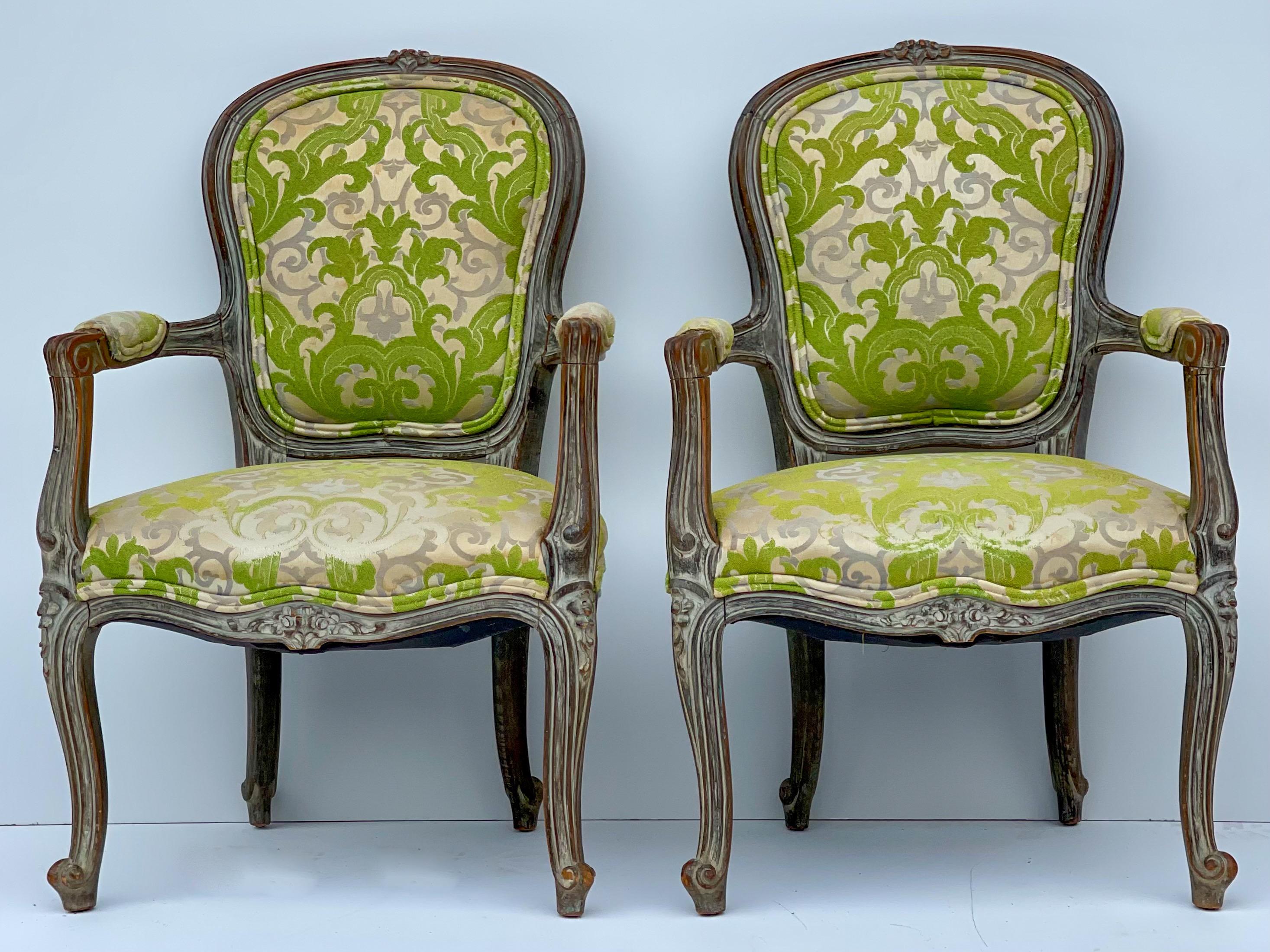 Early French Louis XVI Style Child’s Chairs in Chartreuse Damask, Pair In Good Condition For Sale In Kennesaw, GA