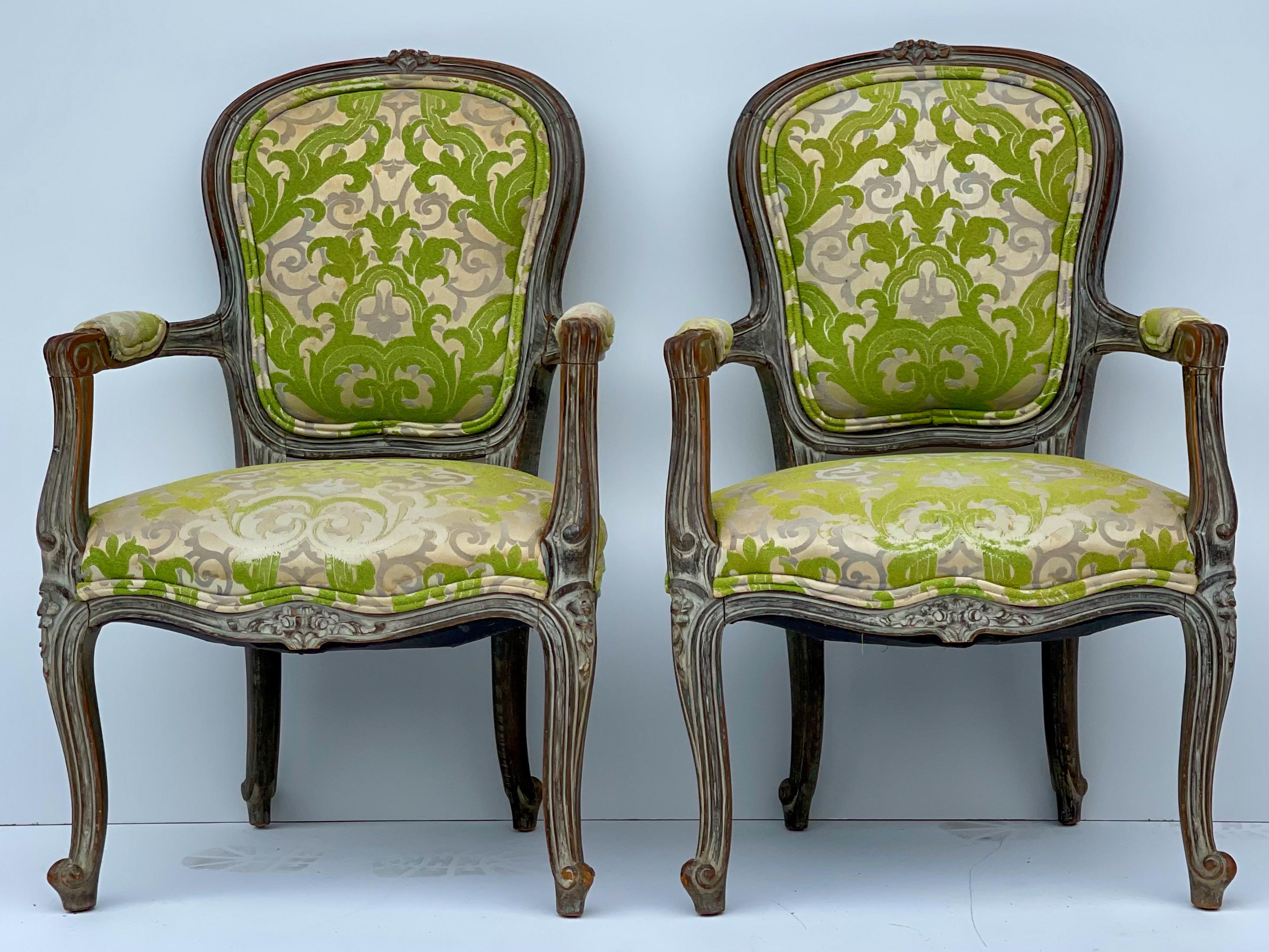 Early French Louis XVI Style Child’s Chairs in Chartreuse Damask, Pair For Sale 2