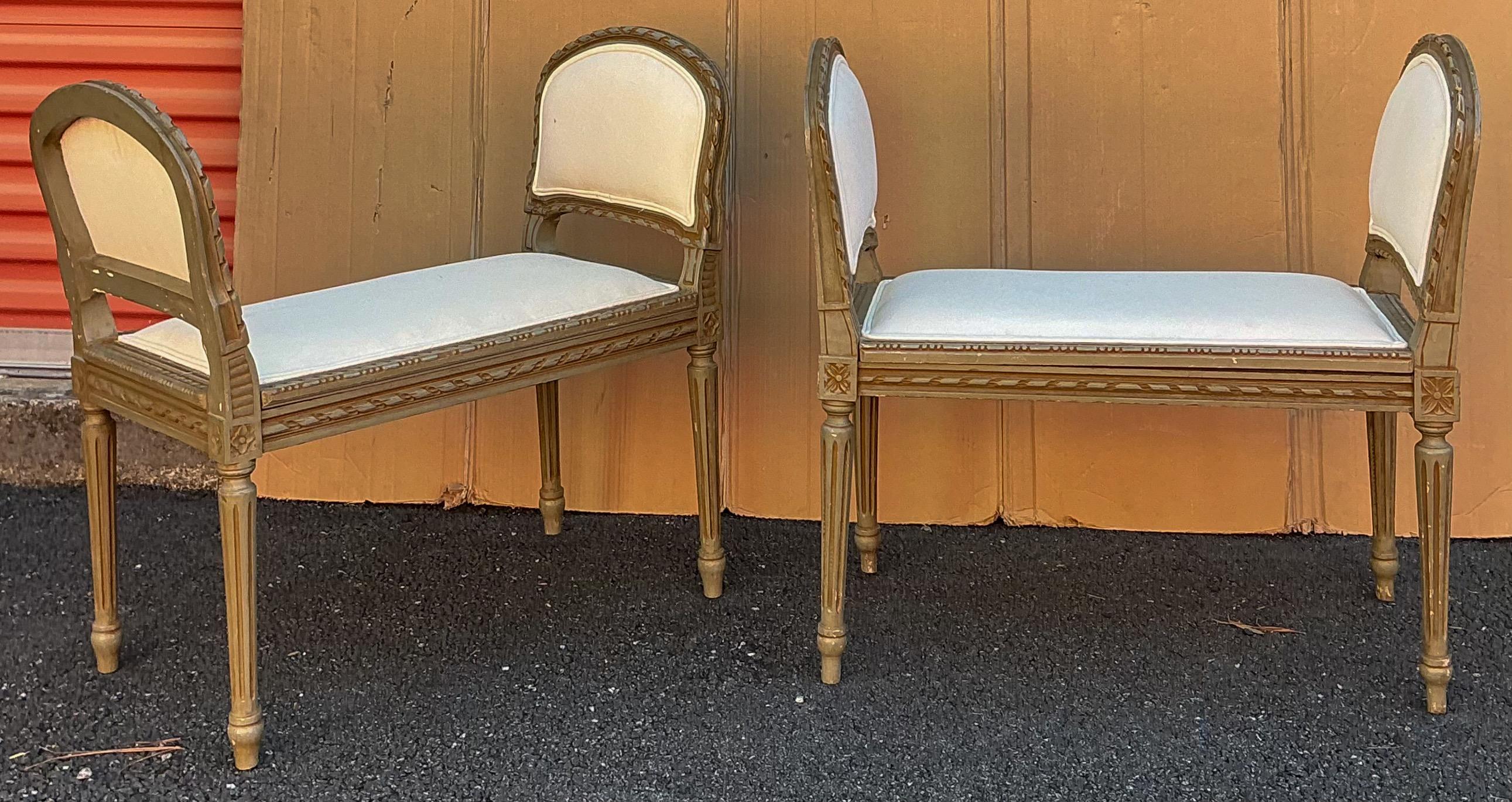 Early French Louis XVI Style Painted Carved Fruitwood Benches / Ottomans -Pair For Sale 6