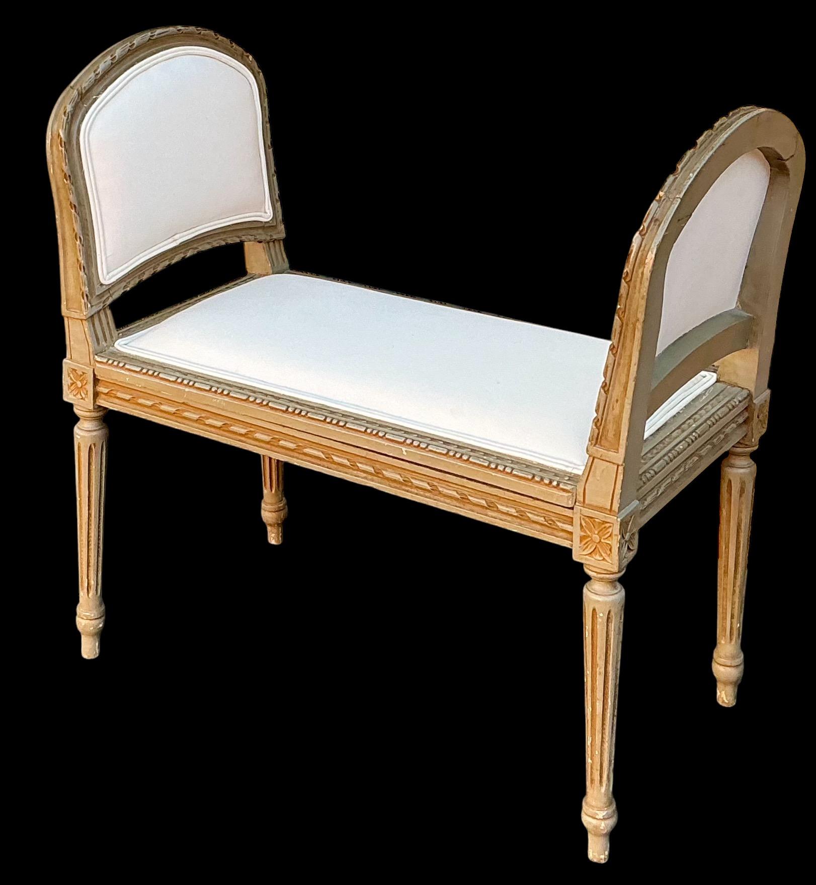 Early French Louis XVI Style Painted Carved Fruitwood Benches / Ottomans -Pair For Sale 1