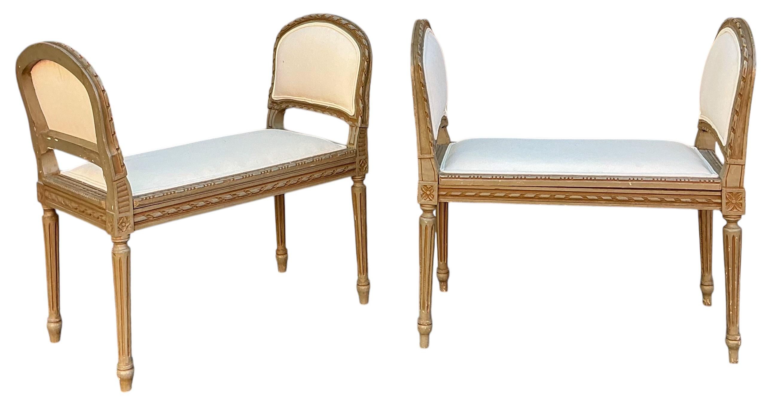 Early French Louis XVI Style Painted Carved Fruitwood Benches / Ottomans -Pair For Sale 3