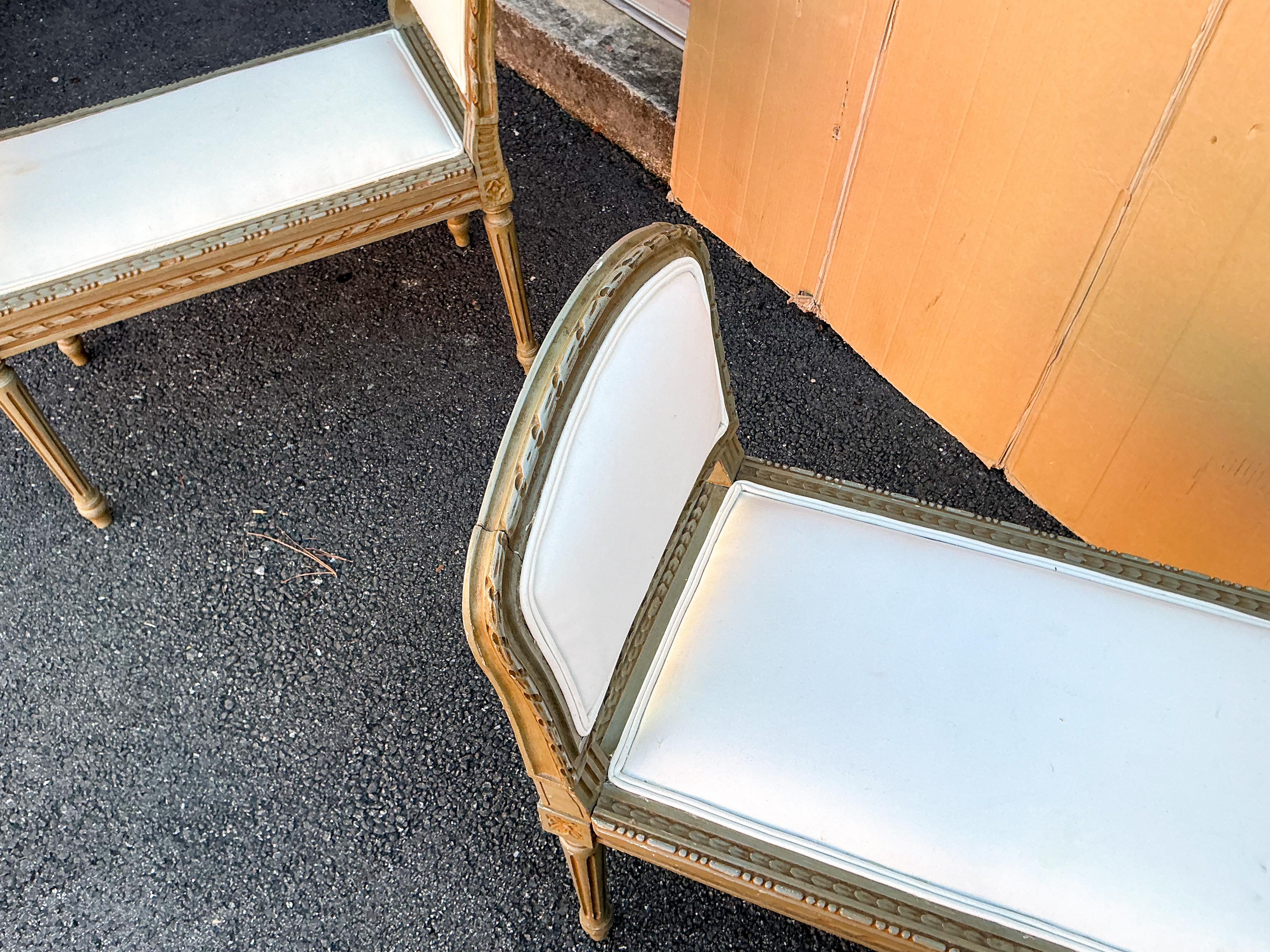 Early French Louis XVI Style Painted Carved Fruitwood Benches / Ottomans -Pair For Sale 5