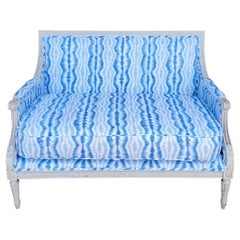 Early French Louis XVI Style Painted Settee / Sofa in Blue and White Upholstery