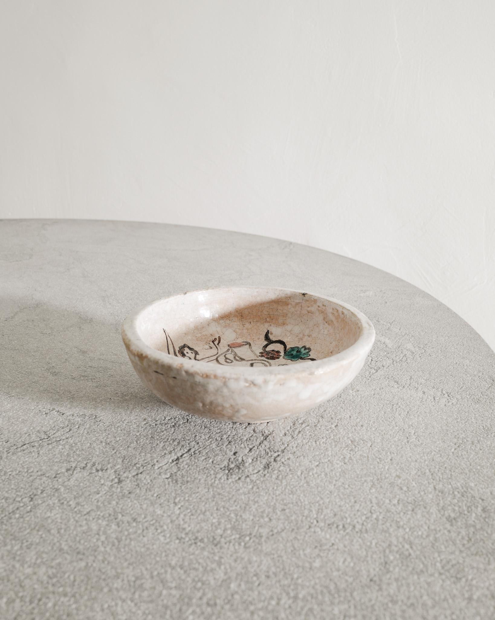 Mid-20th Century Early French Mid Century Painted White Stoneware Bowl by Georges Jouve, 1940s For Sale