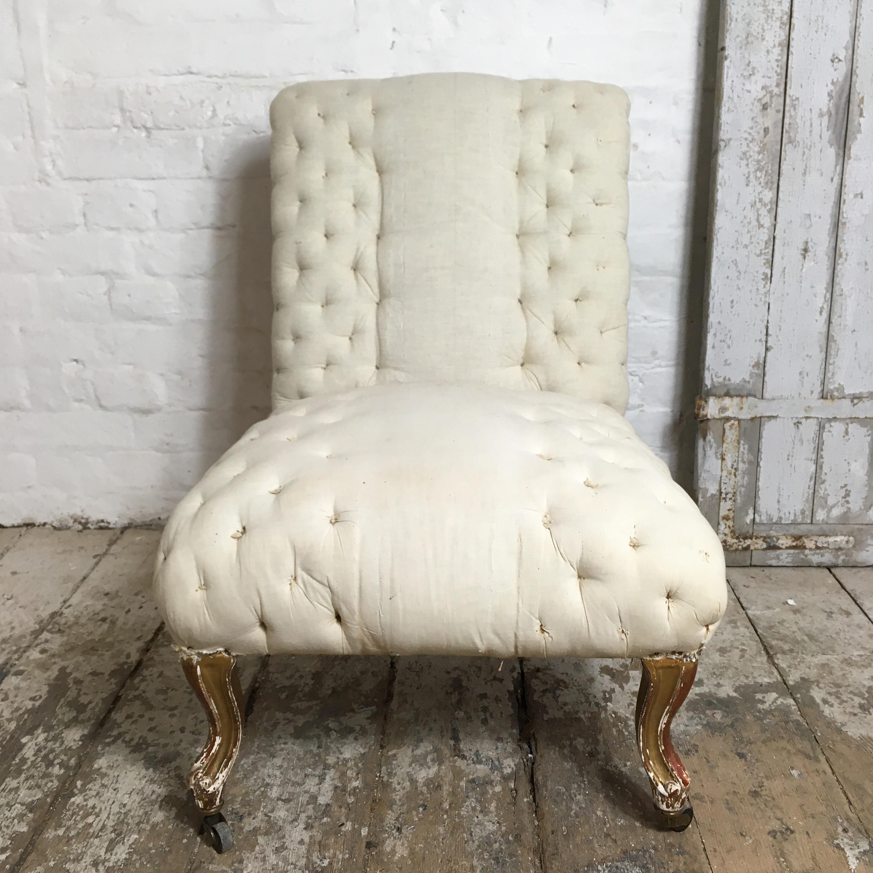 French Napoleon III stripped back chair.
Rare early 19th century bedroom / occasional chair.
Giltwood cabriolet legs with original castors.
The chair is stripped back ready for upholstery or could be left as is, due to the calico being so clean and