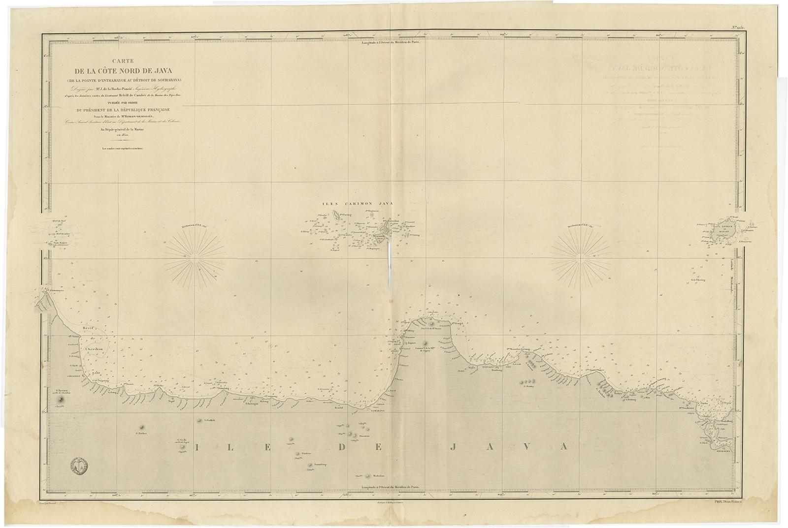 Antique map titled Carte de la côte Nord de Java.

Early French nautical chart of the northern coast of the island of Java, Indonesia. It includes Cirebon, Semarang, Jepara and many other cities and villages. Published by Dépôt des Cartes et Plans