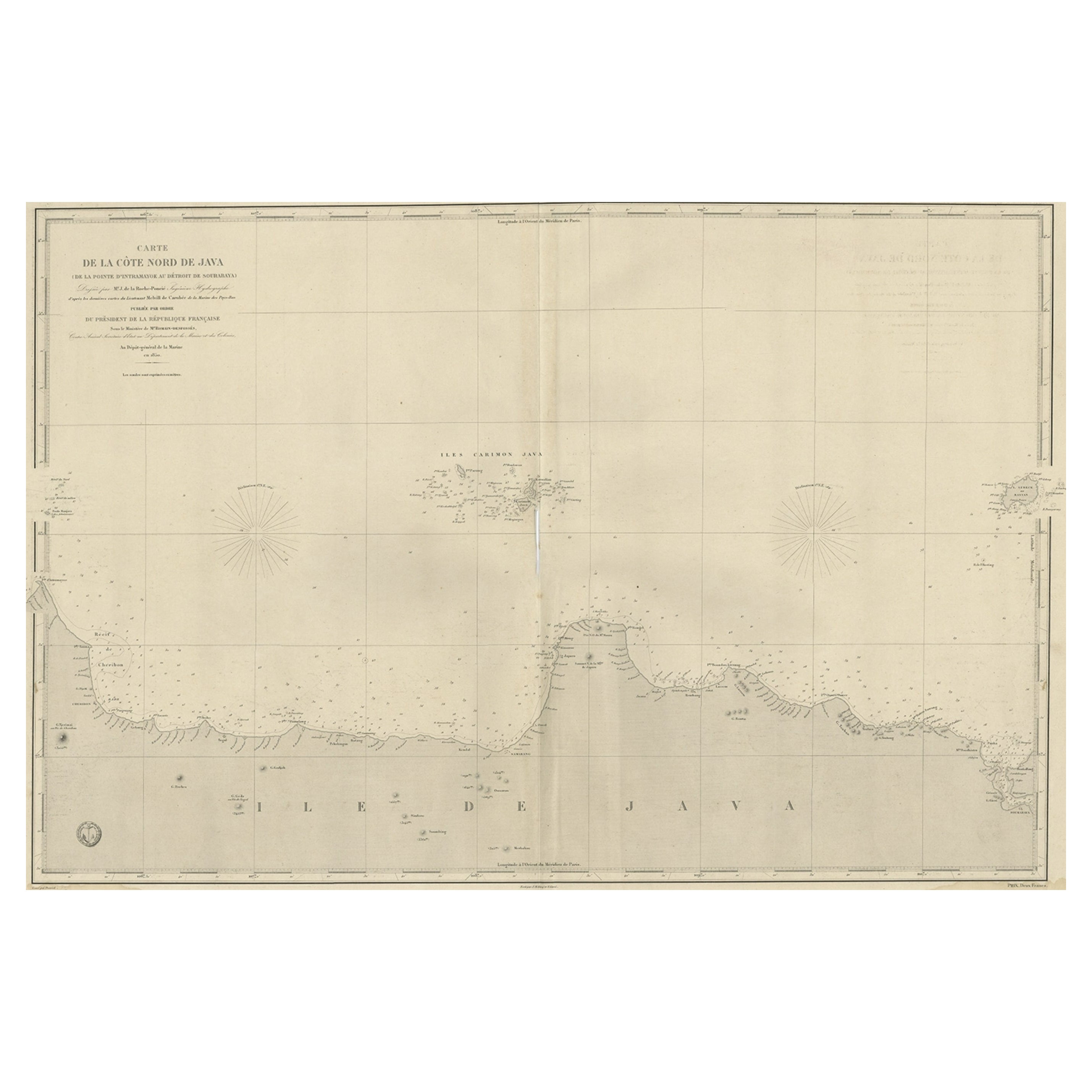 Carta nautica francese della costa settentrionale di Giava, Indonesia, 1850 ca.
