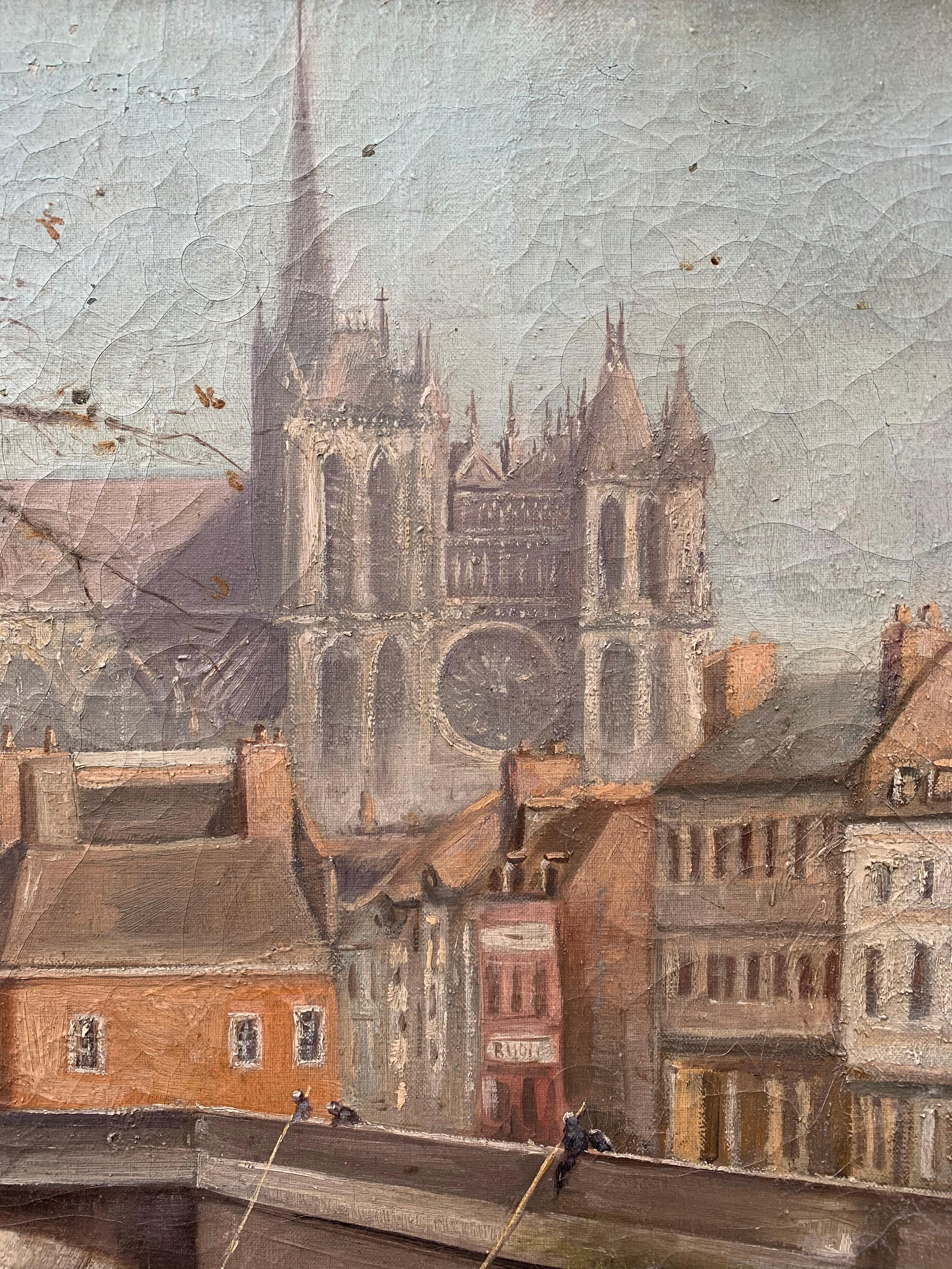 Peinture à l'huile de la fin du XIXe siècle représentant la cathédrale Notre-Dame et Paris, vus depuis la Seine. Avec son cadre original en faux bambou, signé 