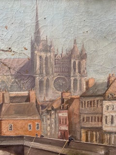 Early French Oil Painting Of Notre Dame Cathedral In Faux Bamboo Frame, Paris