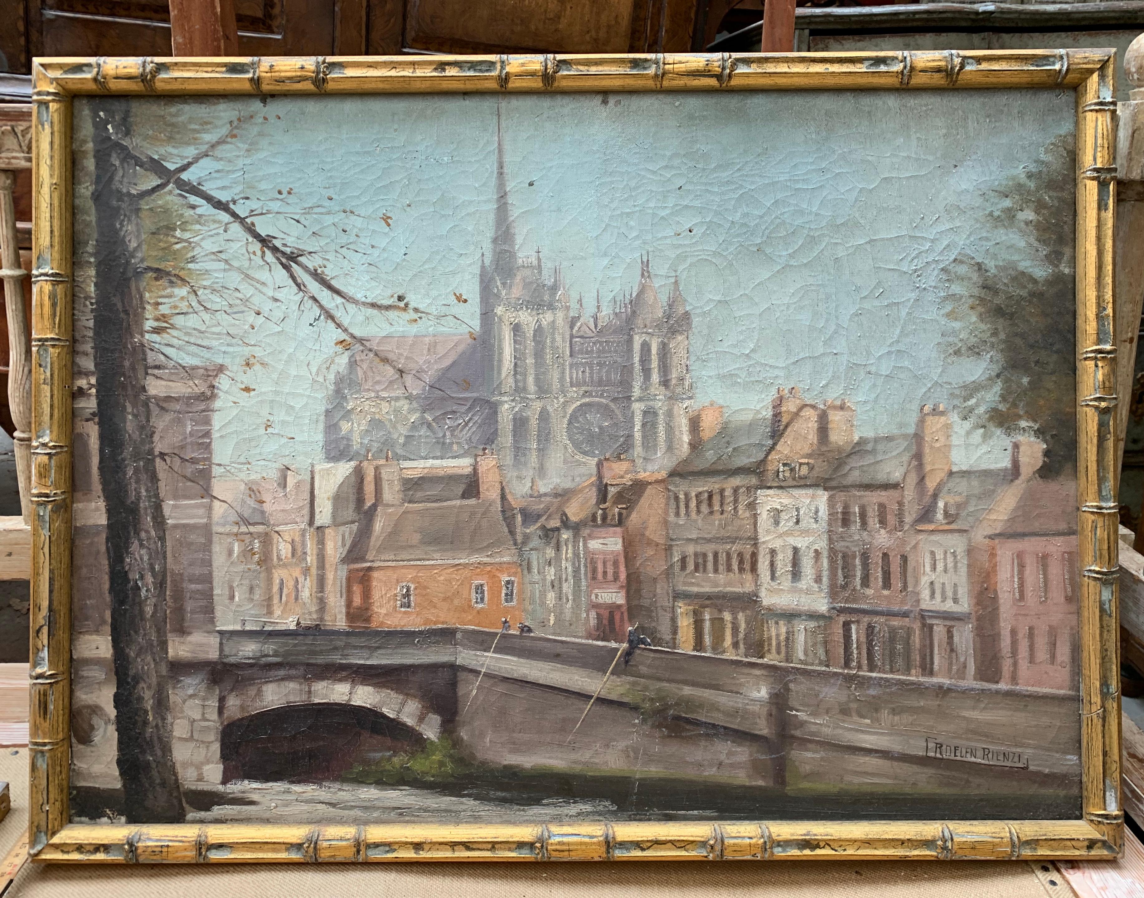 19th Century Early French Oil Painting Of Notre Dame Cathedral In Faux Bamboo Frame, Paris For Sale