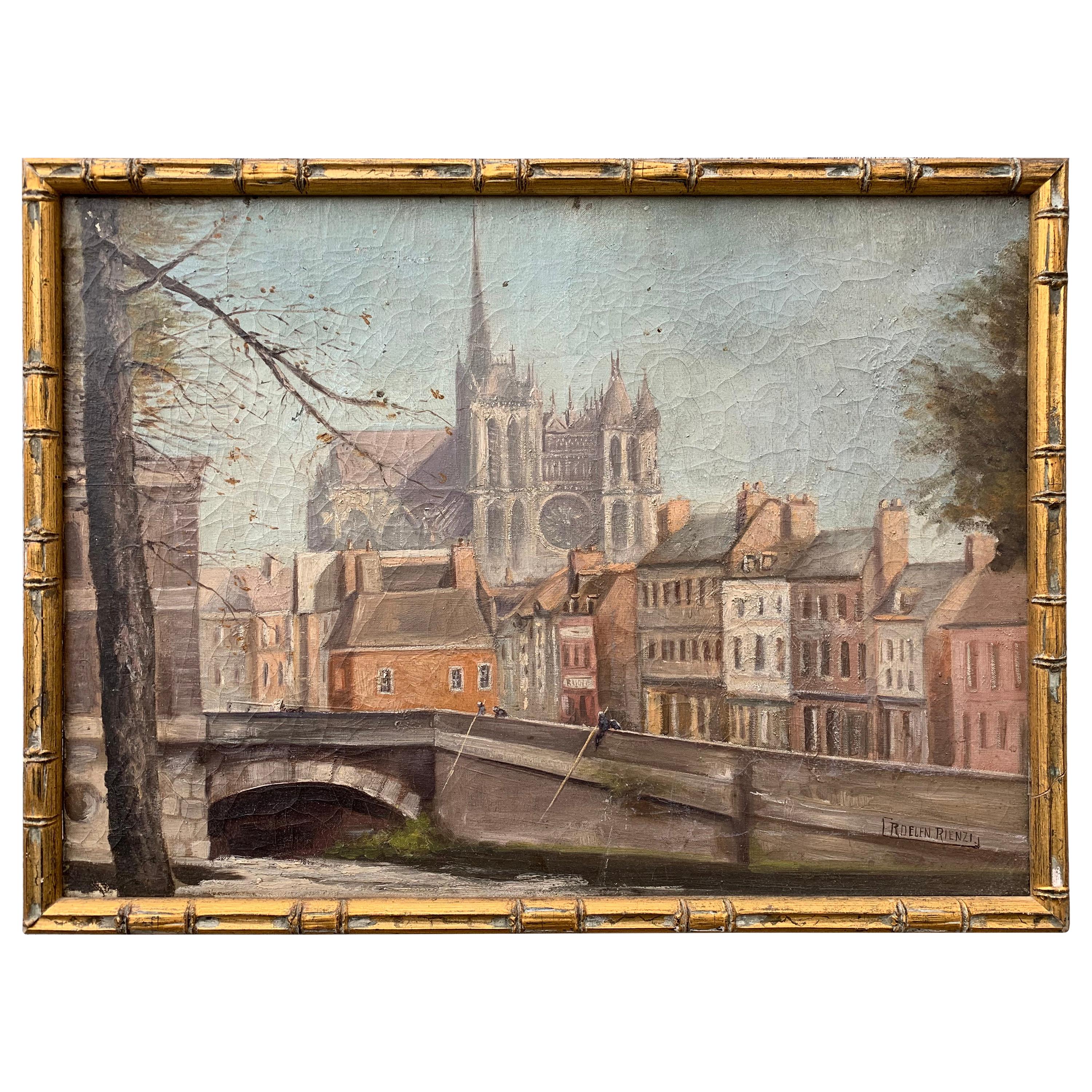 Peinture à l'huile française ancienne de la cathédrale de Notre-Dame dans un cadre en faux bambou, Paris en vente