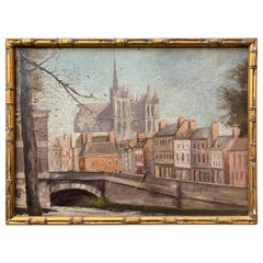 Early French Oil Painting Of Notre Dame Cathedral In Faux Bamboo Frame, Paris