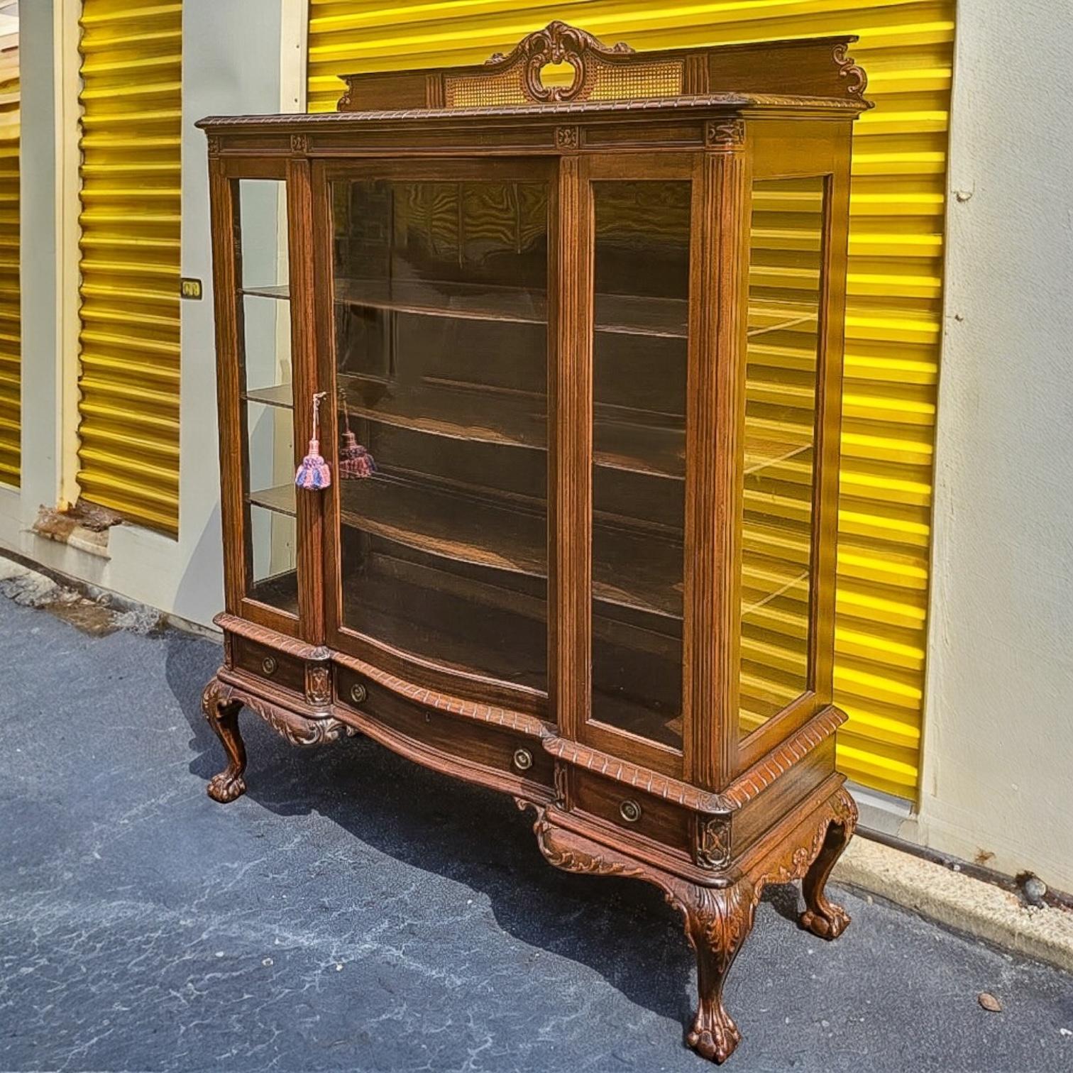 20th Century Early French Style Vitrine / China Cabinet / Bookcase W/ Ball & Claw Feet