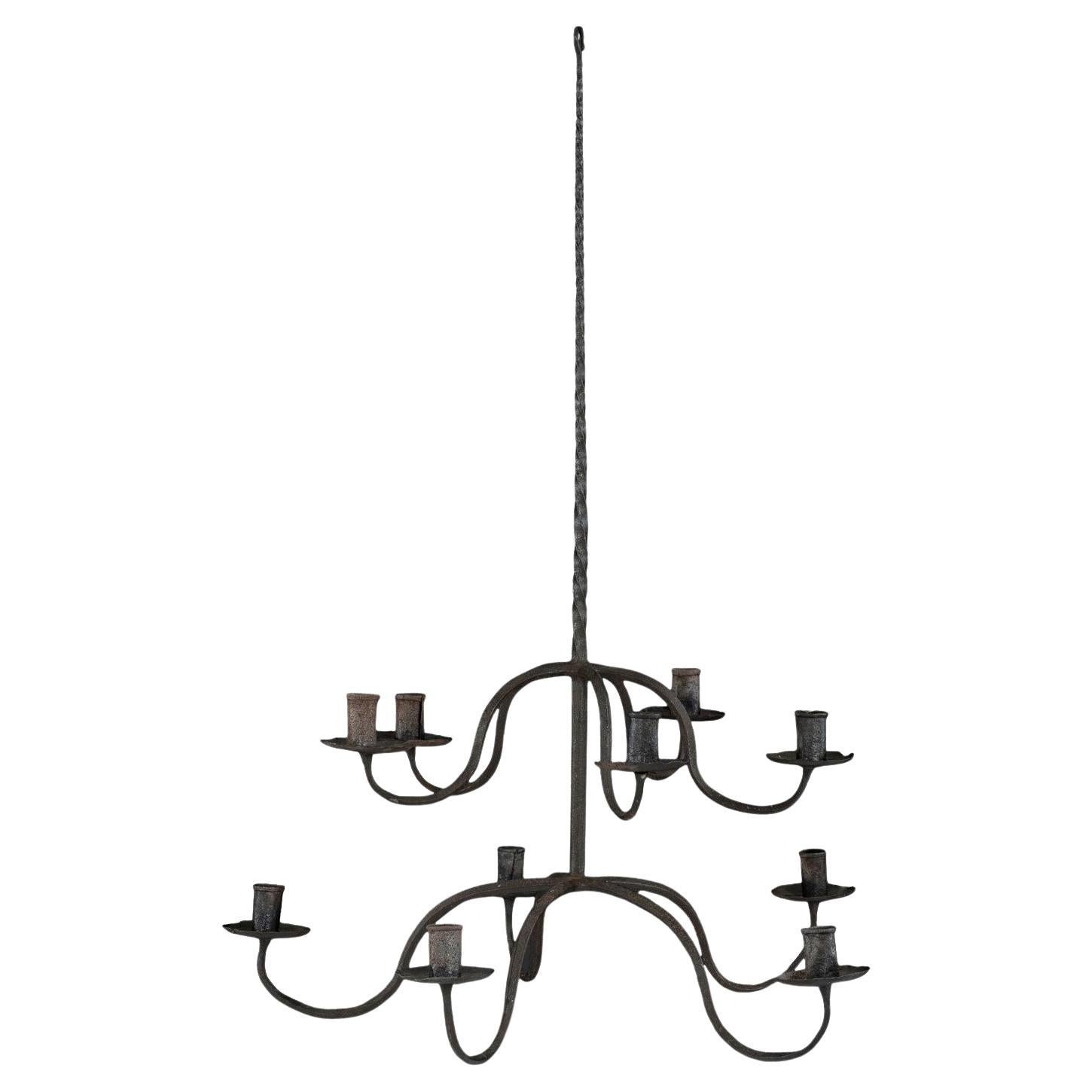 Early French Two-Tier Forged Iron Chandelier For Sale