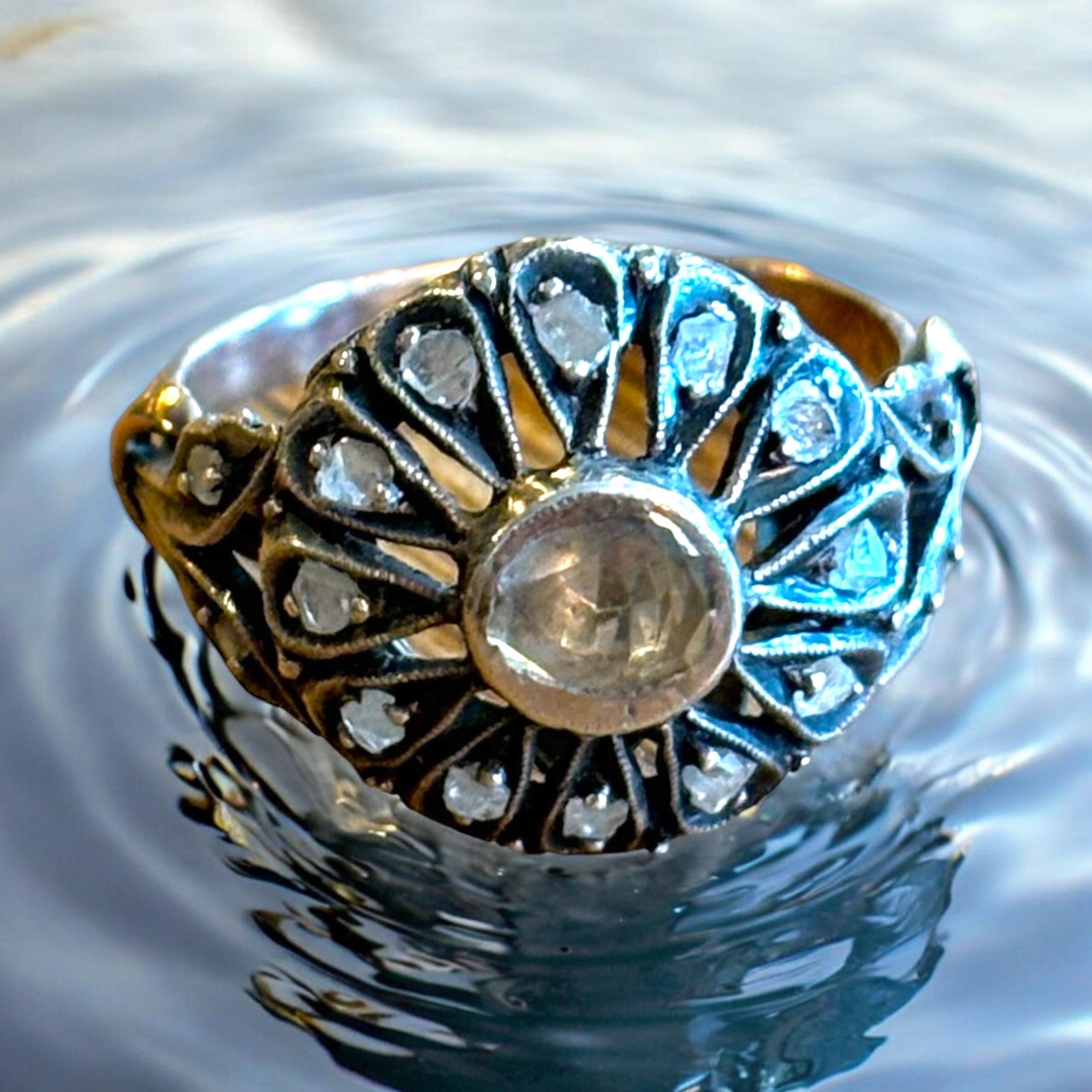 Antique Early French Victorian (19th Century)  Cluster  Rose Cut and Table Cut  Diamond Ring
Hand made antique cluster diamond ring with parts in solid 9K Gold with  and top of the openwork crown in Silver.
The central rose cut diamond is close back