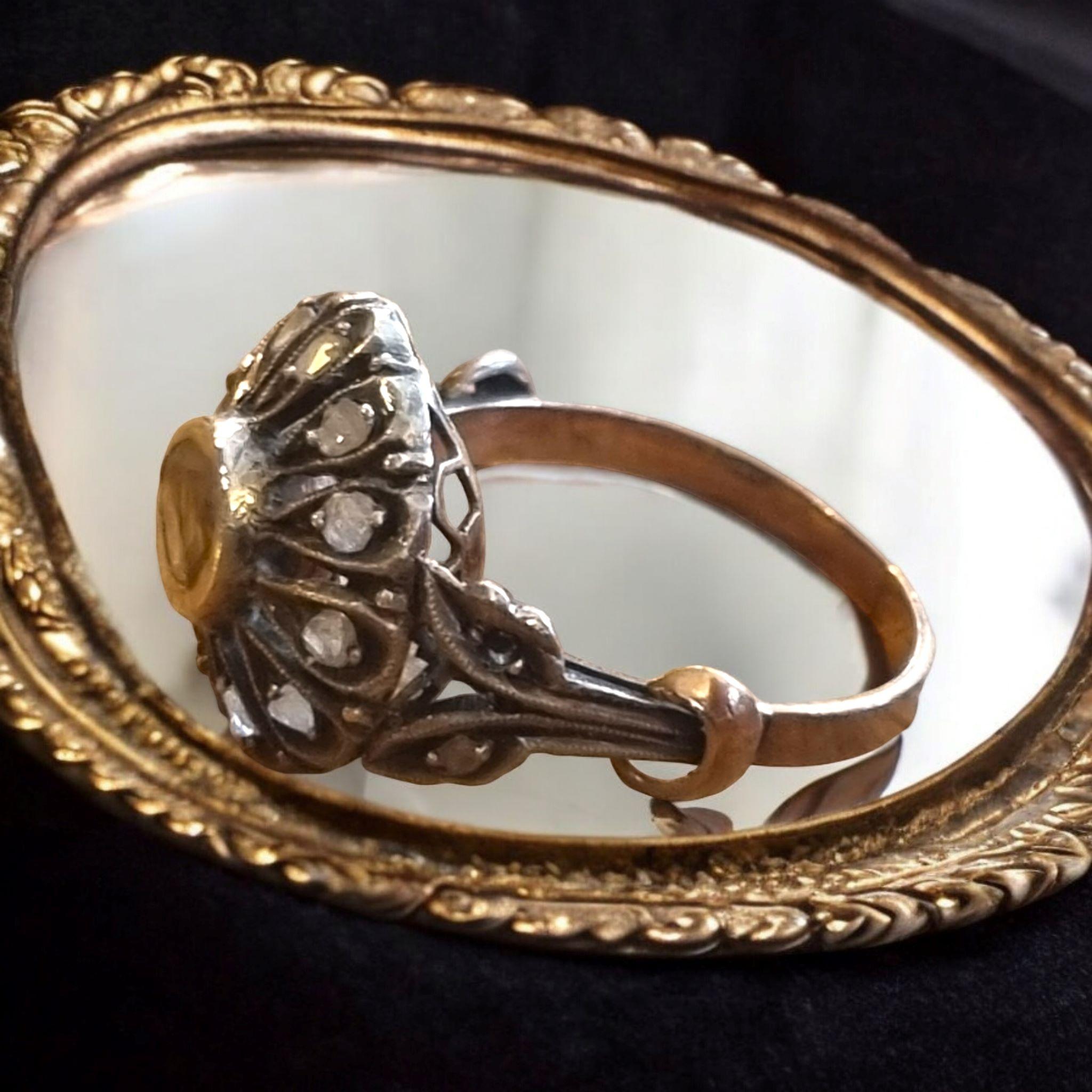 Rose Cut Early French Victorian (19th Century)  Cluster  Rose and Table Cut  Diamond Ring For Sale